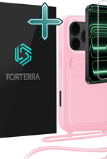 Forterra Forterra iPhone 17 Pro Max Hoesje Pashouder met Koord Met Screenprotector - Lichtroze