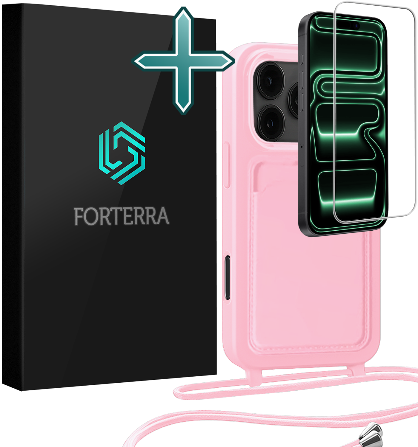 Forterra Forterra iPhone 17 Pro Max Hoesje Pashouder met Koord Met Screenprotector - Lichtroze