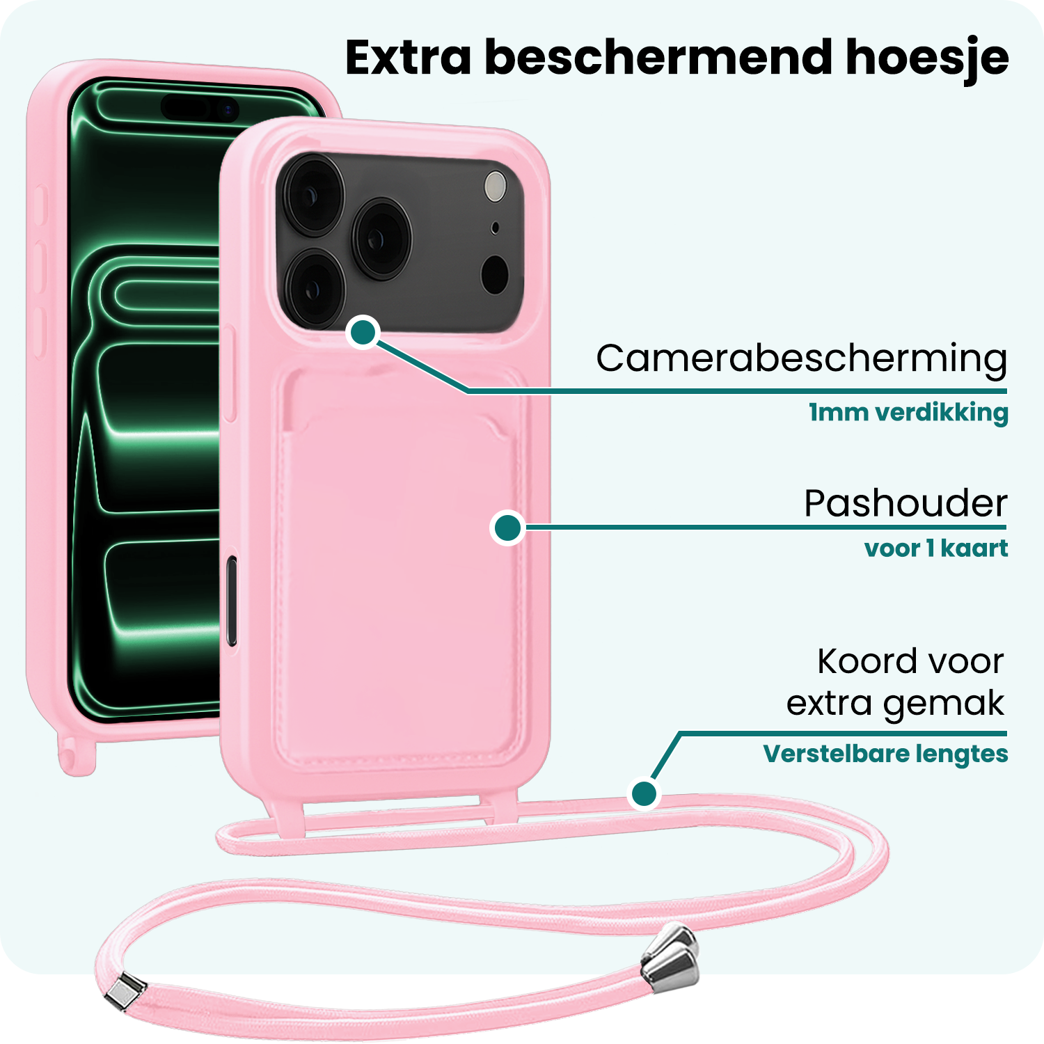 Forterra Forterra iPhone 17 Pro Max Hoesje Pashouder met Koord Met Screenprotector - Lichtroze
