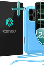 Forterra Forterra iPhone 17 Pro Max Hoesje Pashouder met Koord Met 2x Screenprotector - Lichtblauw