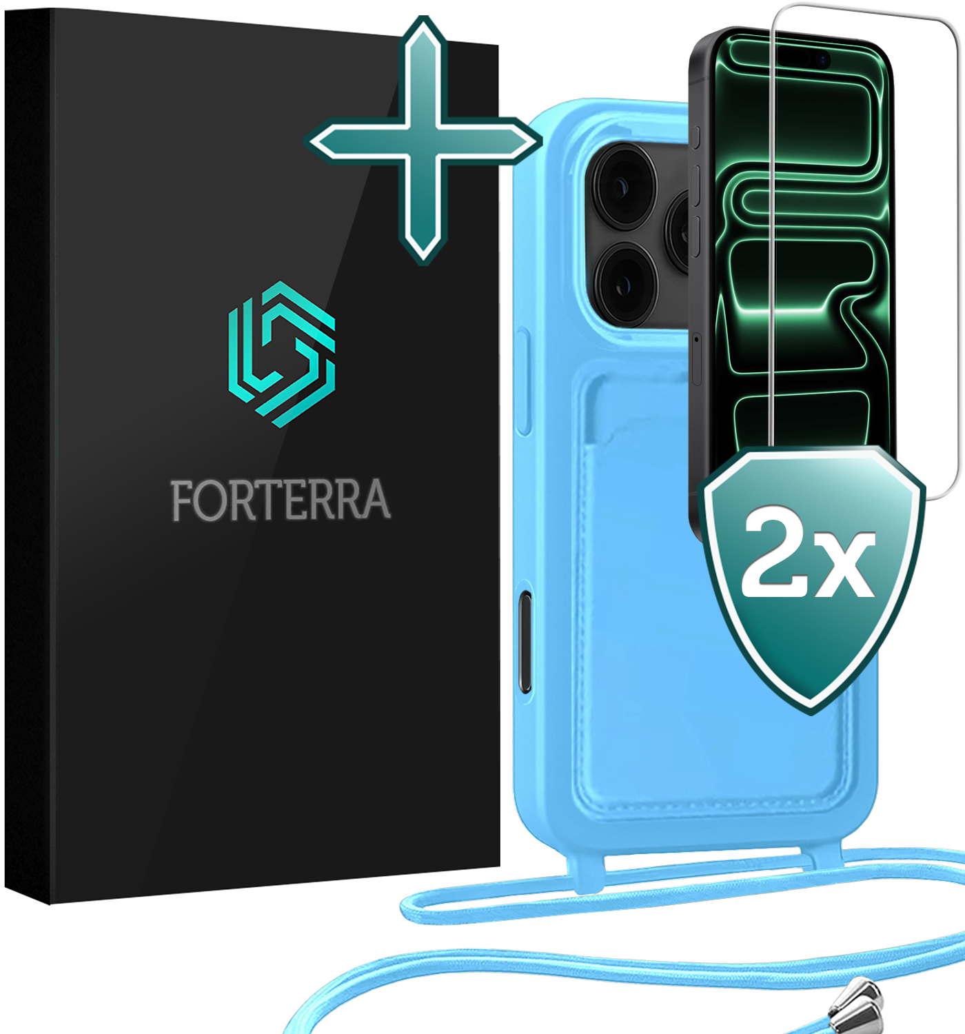 Forterra Forterra iPhone 17 Pro Max Hoesje Pashouder met Koord Met 2x Screenprotector - Lichtblauw