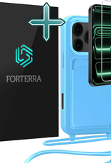 Forterra Forterra iPhone 17 Pro Max Hoesje Pashouder met Koord Met Screenprotector - Lichtblauw
