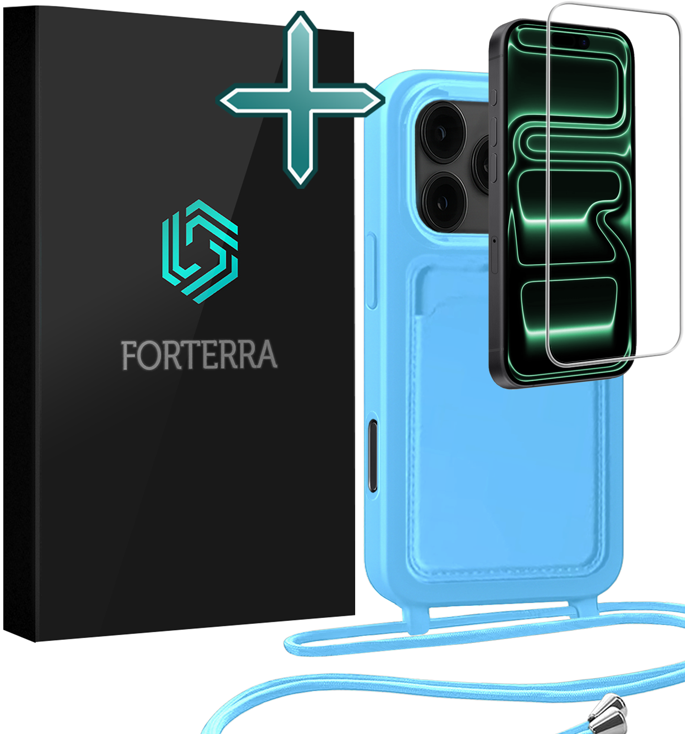 Forterra Forterra iPhone 17 Pro Max Hoesje Pashouder met Koord Met Screenprotector - Lichtblauw