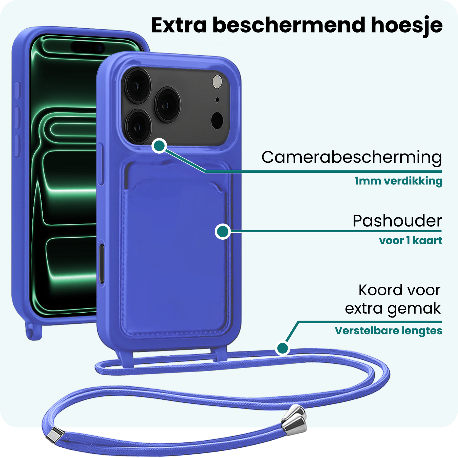 Forterra Forterra iPhone 17 Pro Max Hoesje Pashouder met Koord - Fel Blauw - 2 PACK