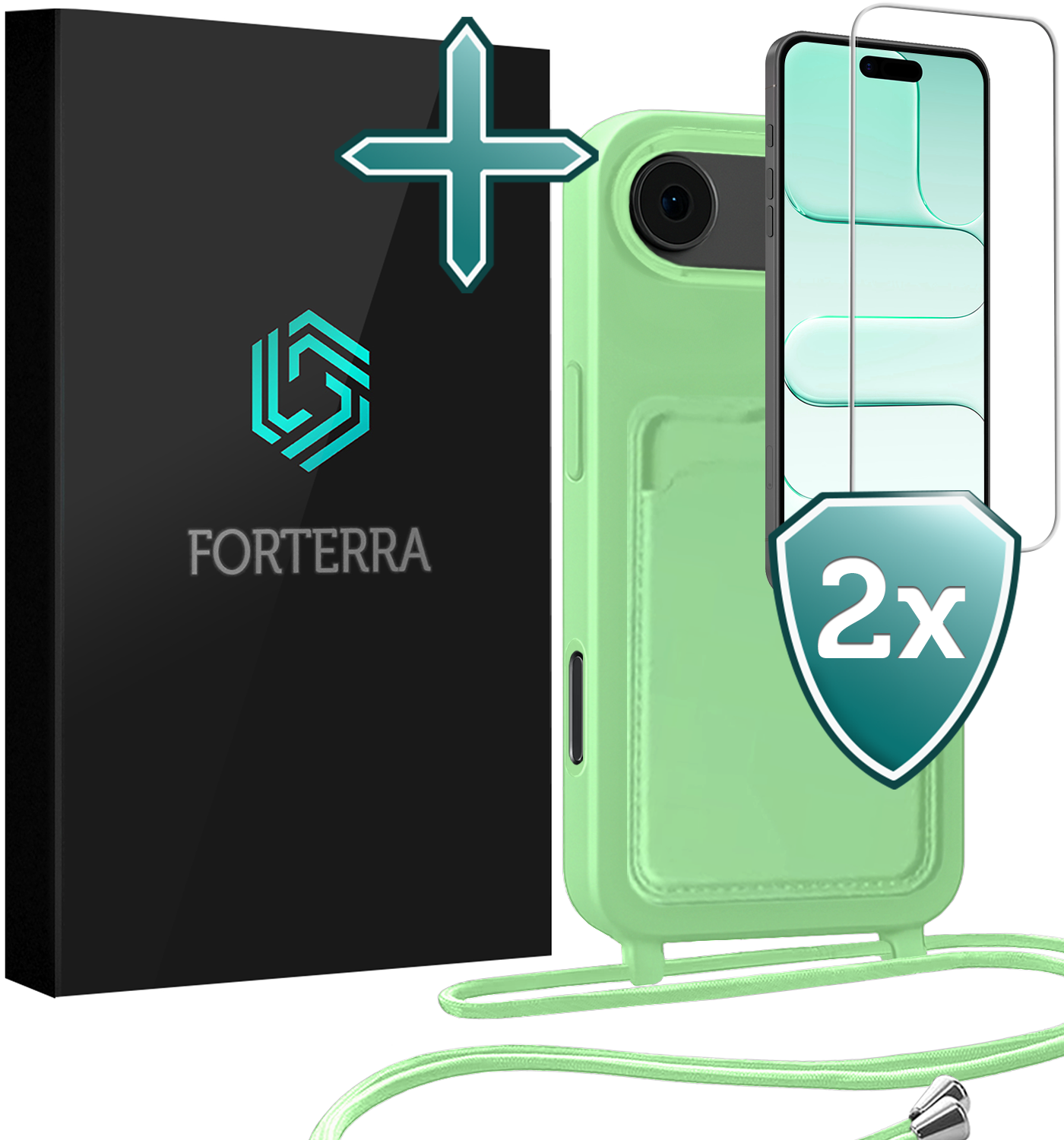 Forterra Forterra iPhone Air Hoesje Pashouder met Koord Met 2x Screenprotector - Groen