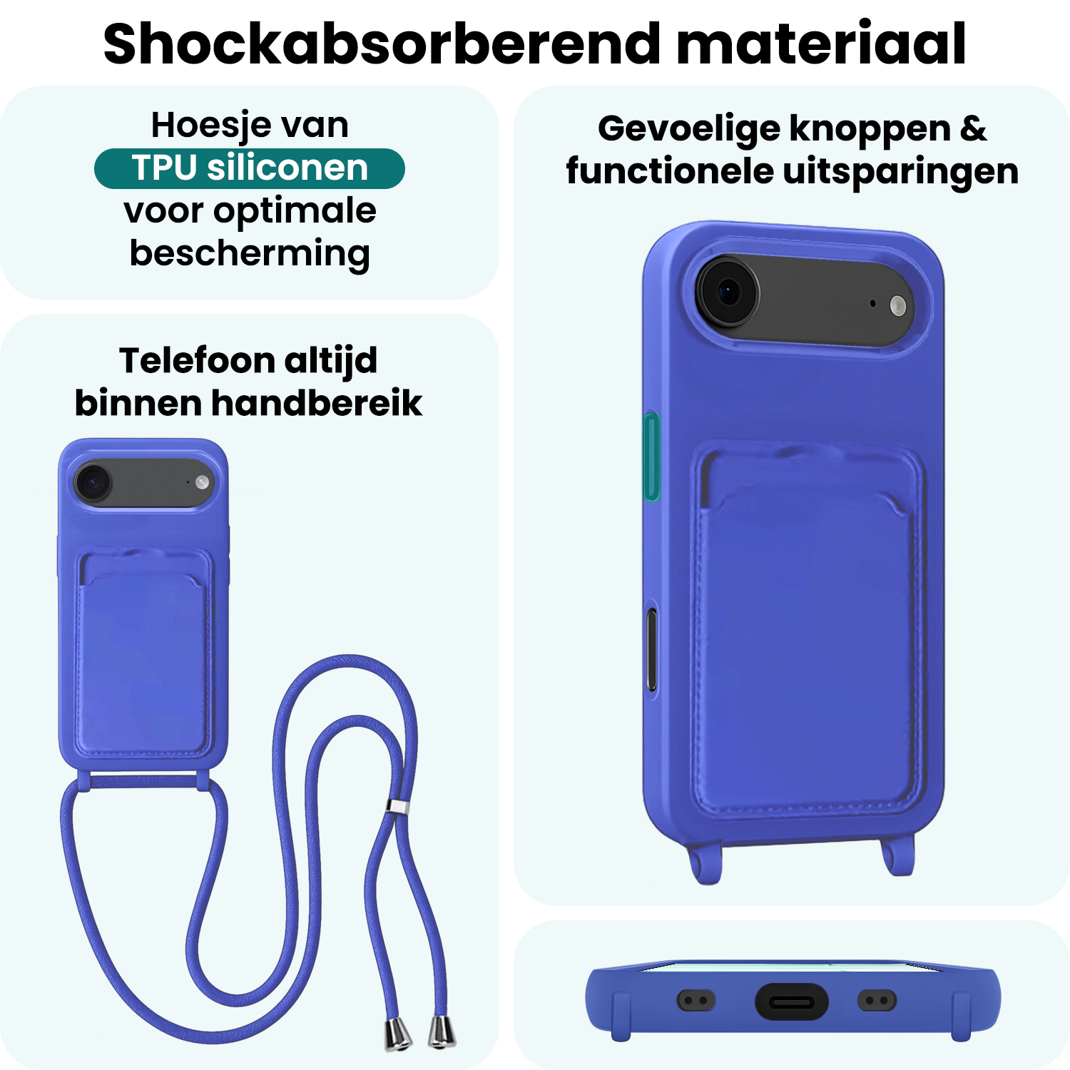 Forterra Forterra iPhone Air Hoesje Pashouder met Koord Met 2x Screenprotector - Fel Blauw