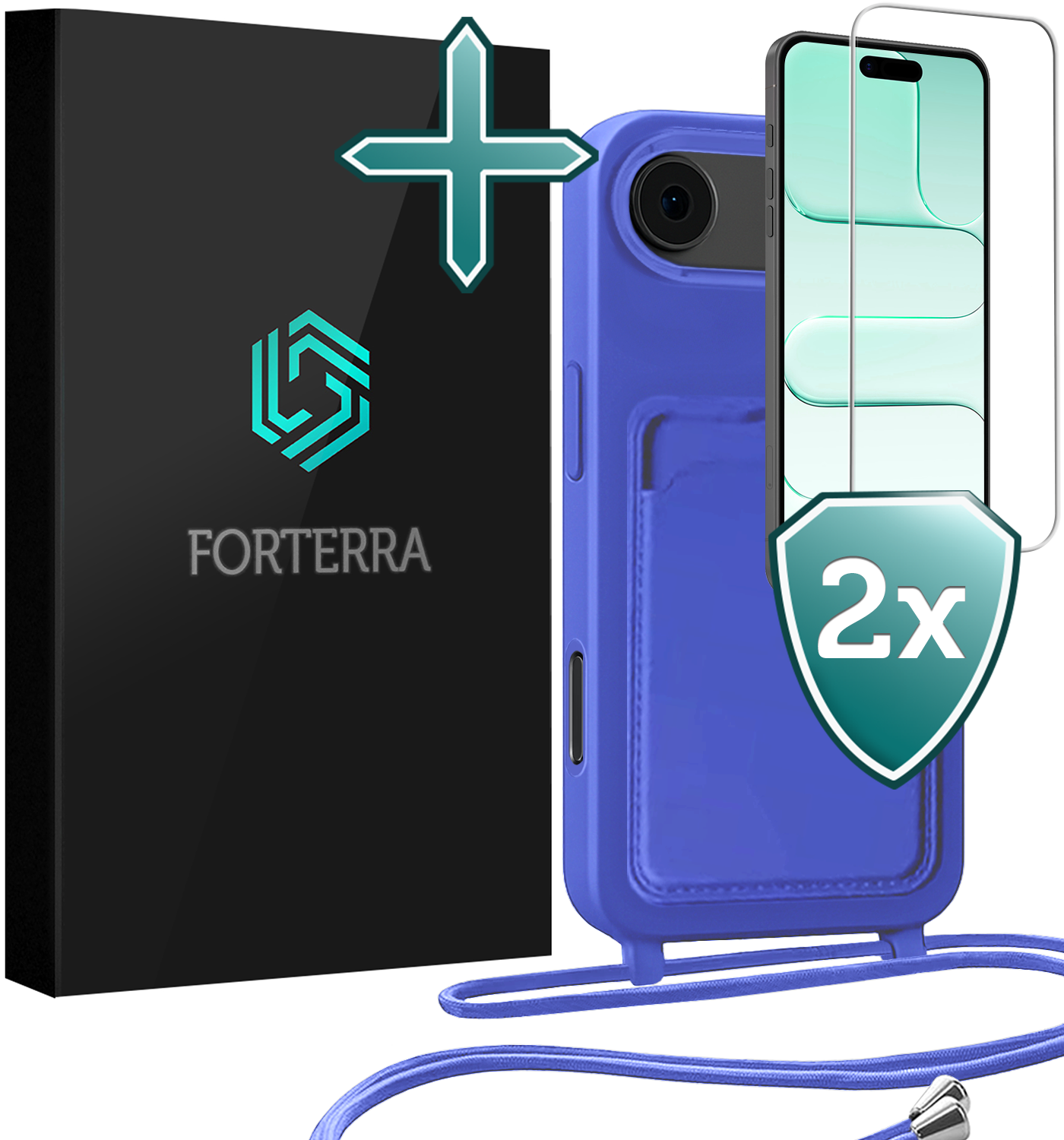 Forterra Forterra iPhone Air Hoesje Pashouder met Koord Met 2x Screenprotector - Fel Blauw