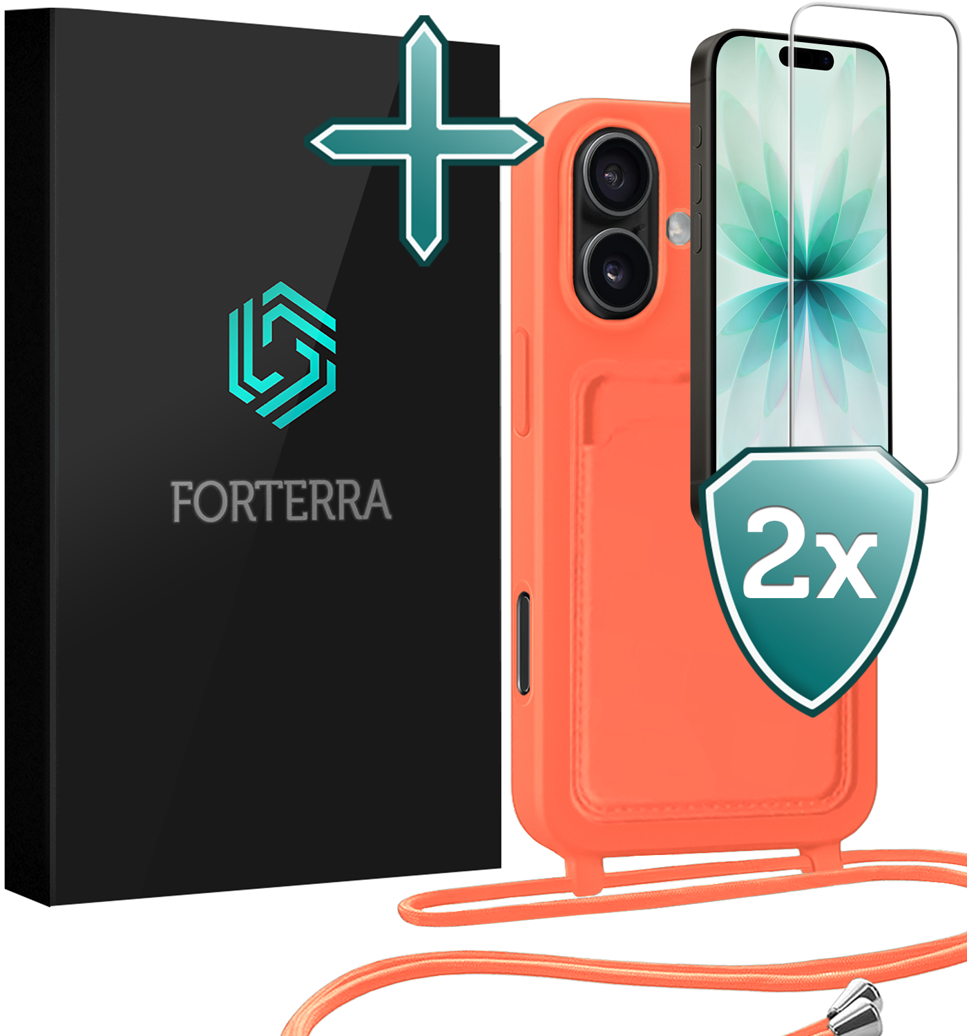 Forterra Forterra iPhone 17 Hoesje Pashouder met Koord Met 2x Screenprotector - Papaya