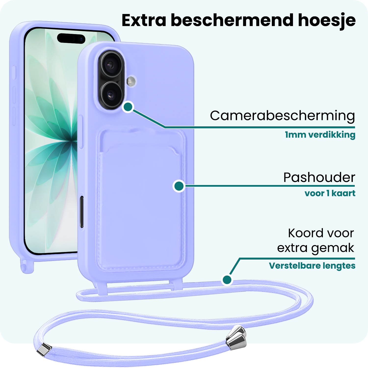 Forterra Forterra iPhone 17 Hoesje Pashouder met Koord - Lila - 2 PACK