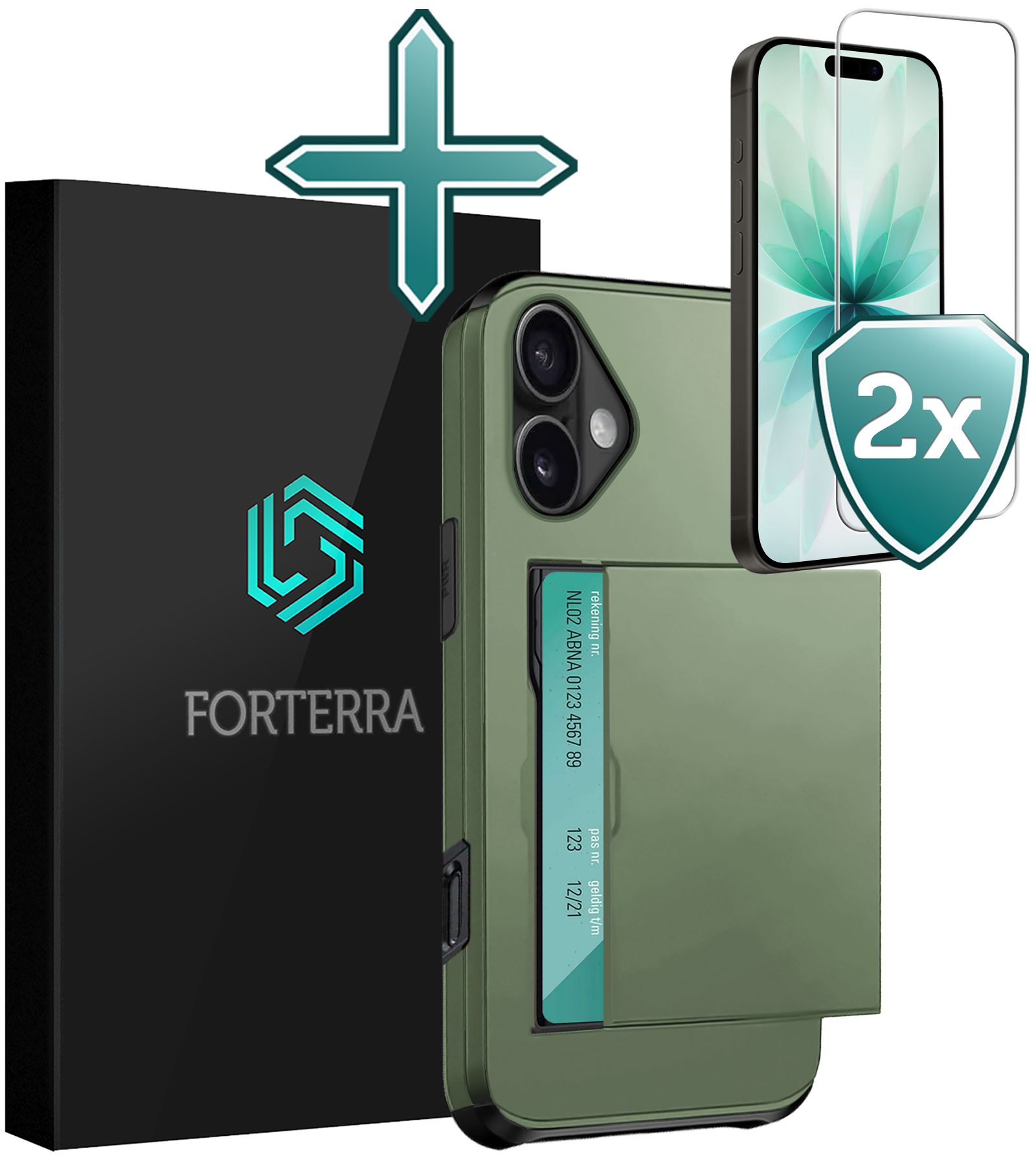 Forterra Forterra iPhone 17 Hoesje Pashouder Hard Met 2x Screenprotector - Donker Groen