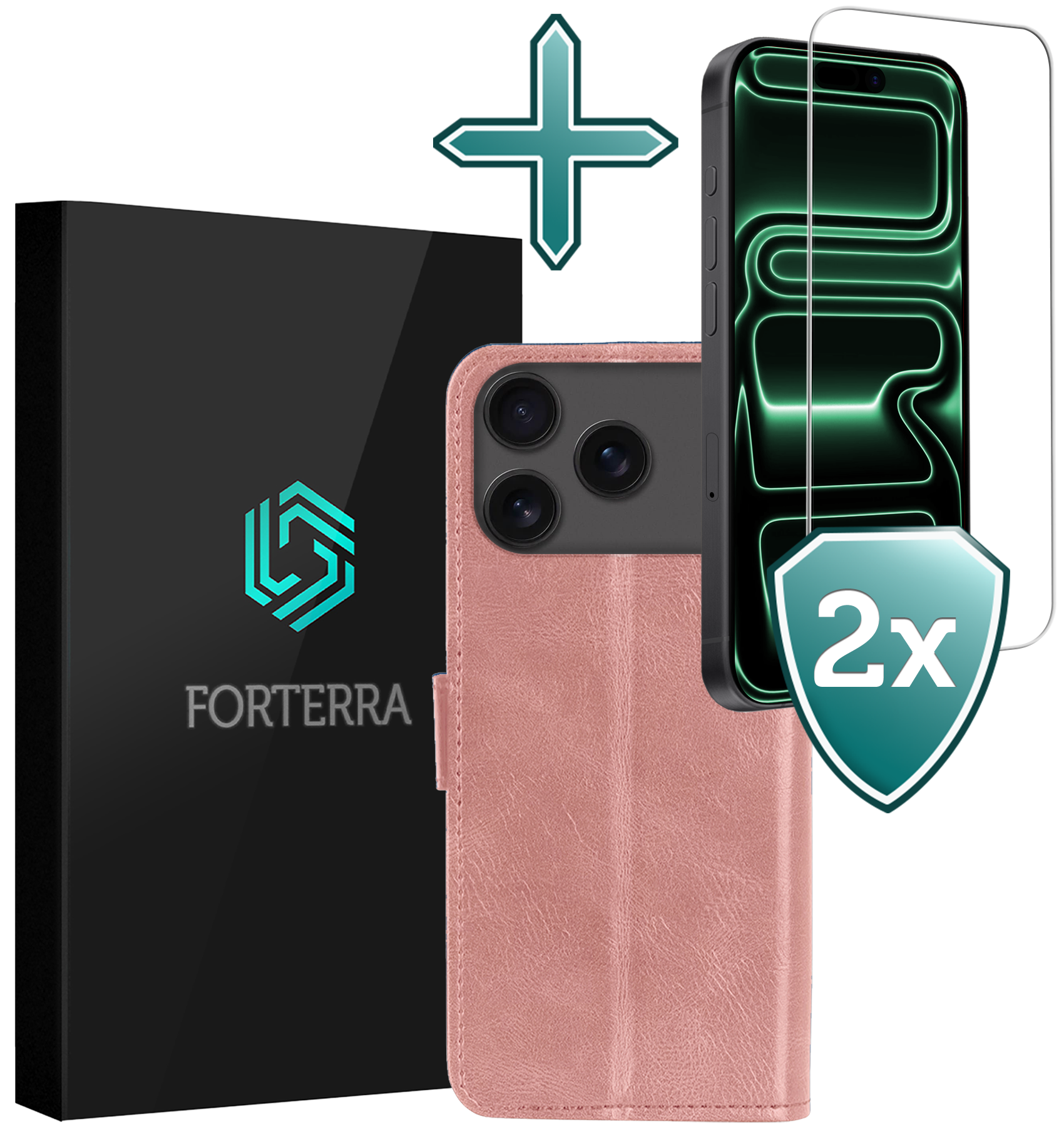 Forterra Forterra iPhone 17 Pro Max Hoesje Bookcase Met 2x Screenprotector - Rose Goud