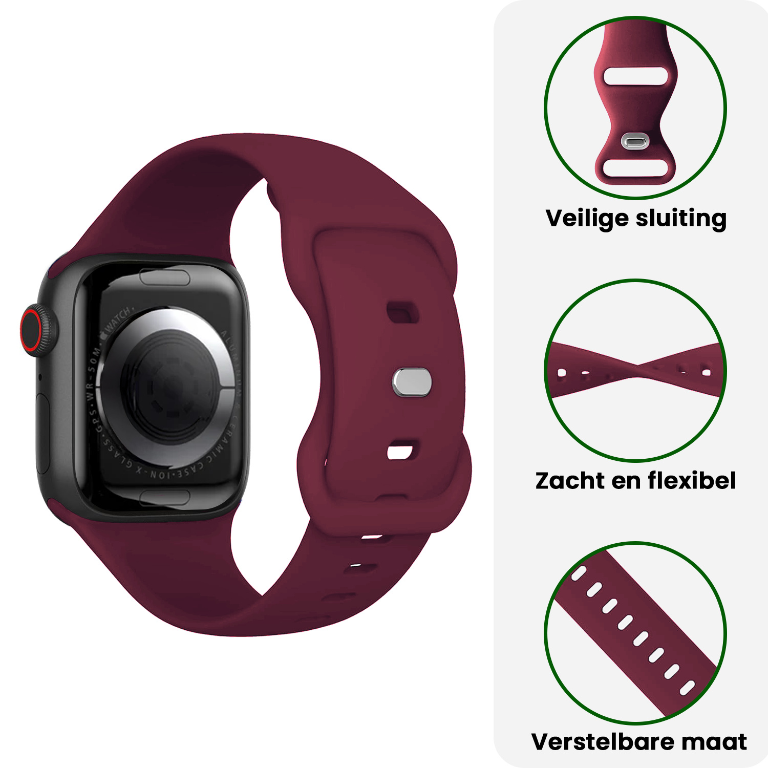 BASEY. BASEY. Apple Watch Bandje Siliconen Verstelbaar (38/40/41 mm) - Donker Rood