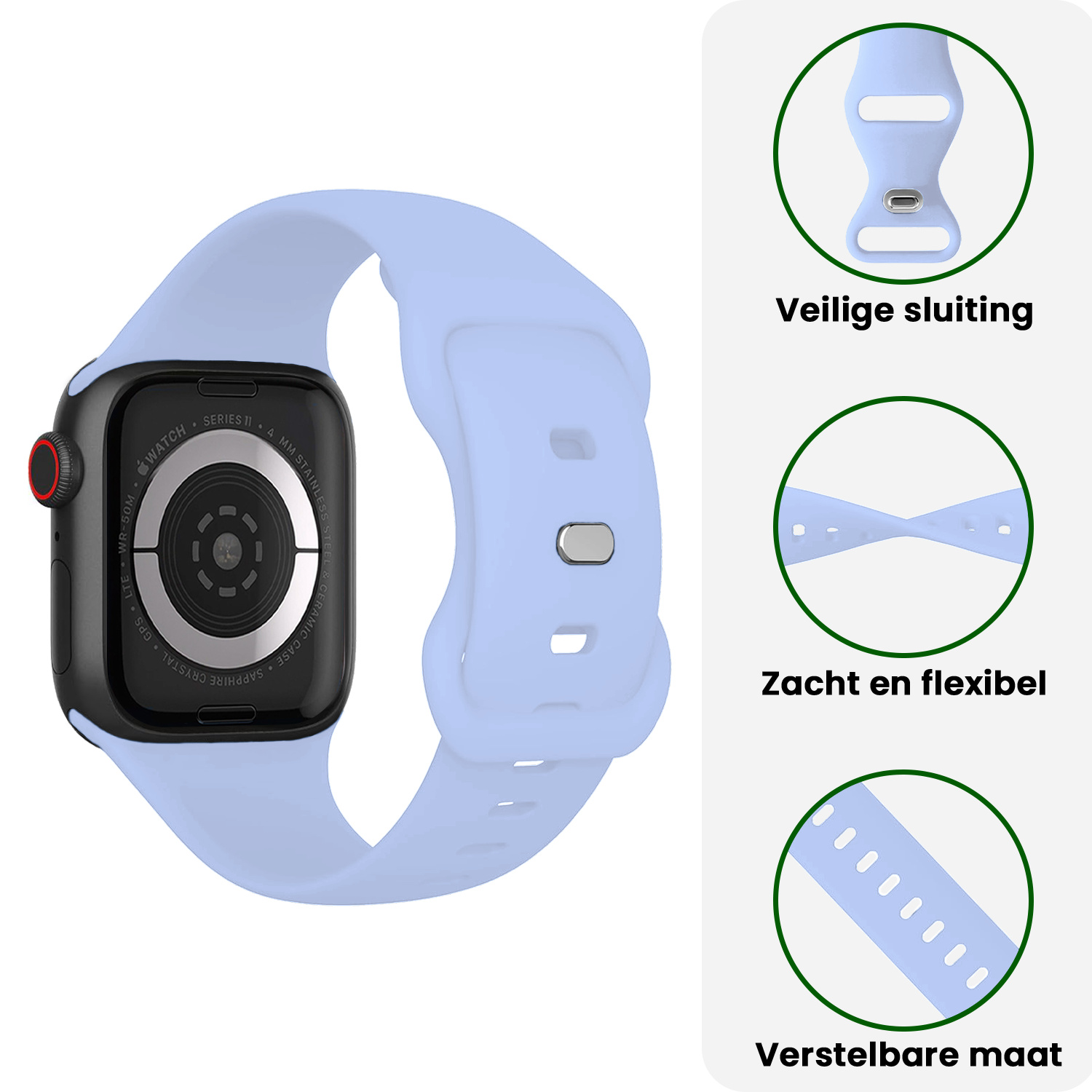 BASEY. BASEY. Apple Watch Bandje Siliconen Verstelbaar (42/44/45/46 mm) - Baby Blauw