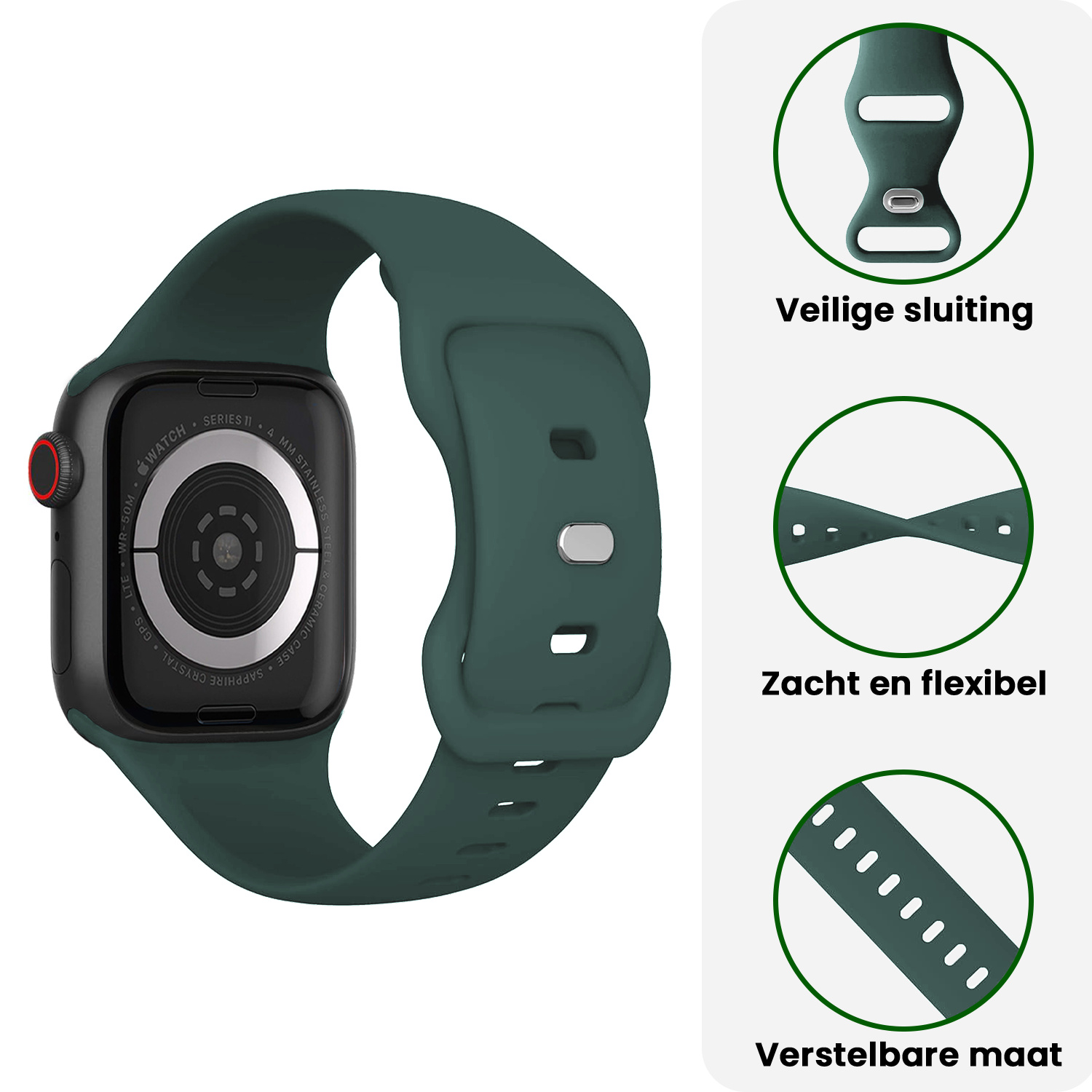 BASEY. BASEY. Apple Watch Bandje Siliconen Verstelbaar (42/44/45/46 mm) - Donkergroen