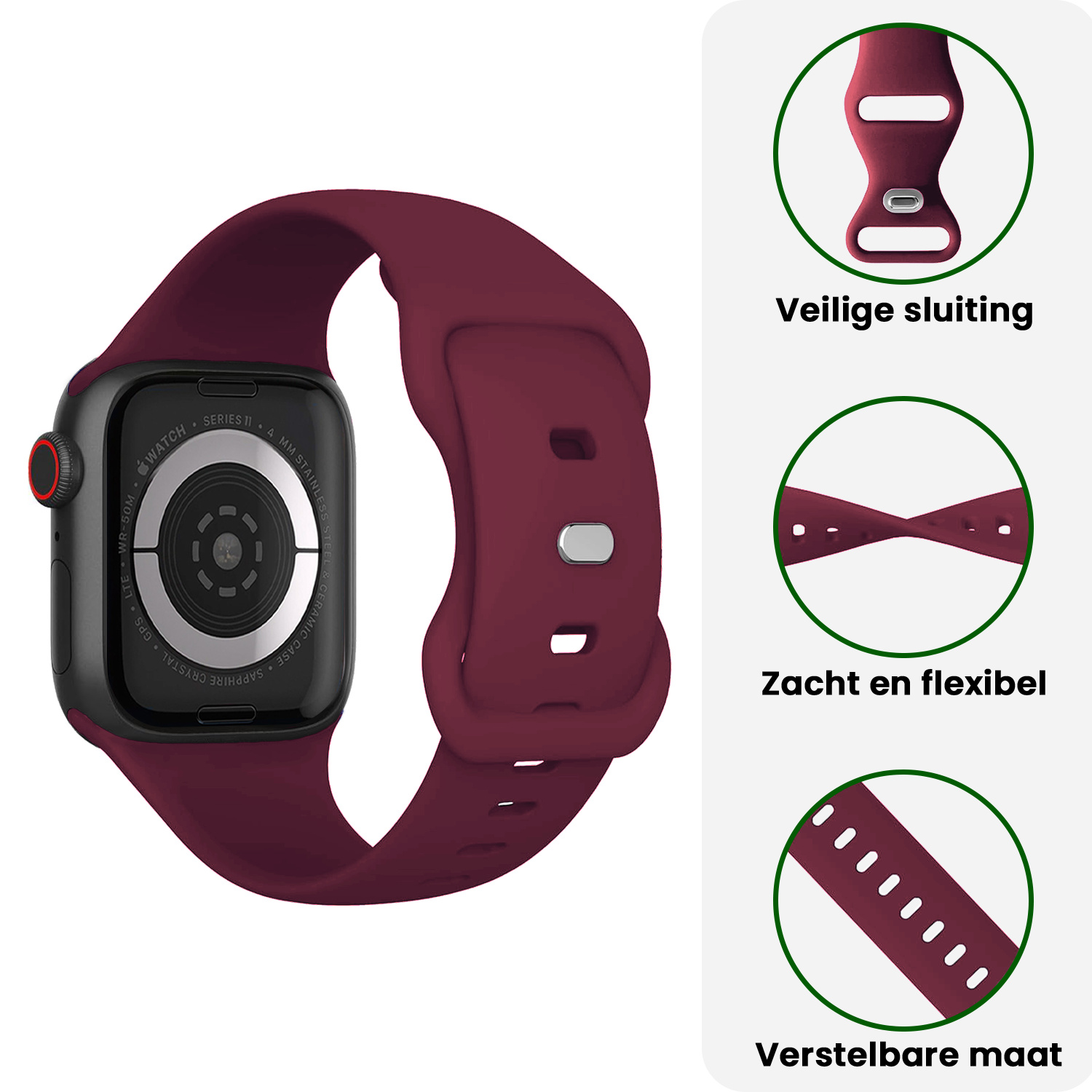 BASEY. BASEY. Apple Watch Bandje Siliconen Verstelbaar (42/44/45/46 mm) - Donker Rood