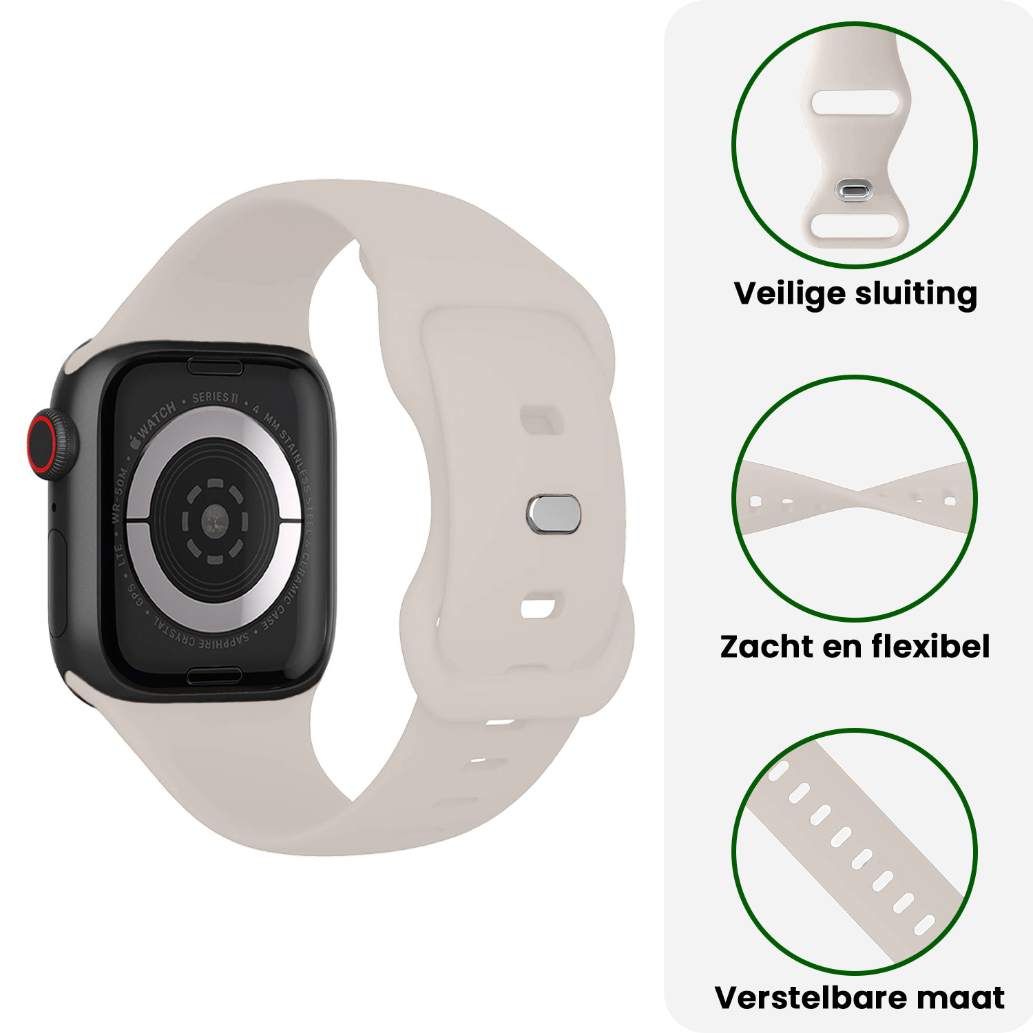 BASEY. BASEY. Apple Watch Bandje Siliconen Verstelbaar (42/44/45/46 mm) - Ivoor