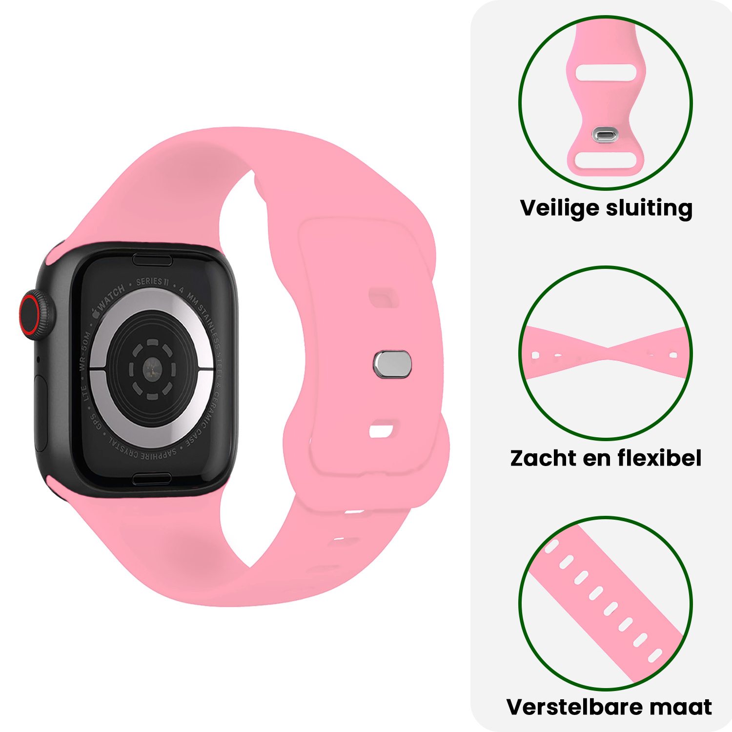 BASEY. BASEY. Apple Watch Bandje Siliconen Verstelbaar (42/44/45/46 mm) - Roze