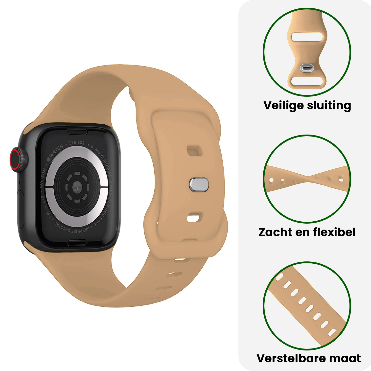 BASEY. BASEY. Apple Watch Bandje Siliconen Verstelbaar (42/44/45/46 mm) - Walnoot