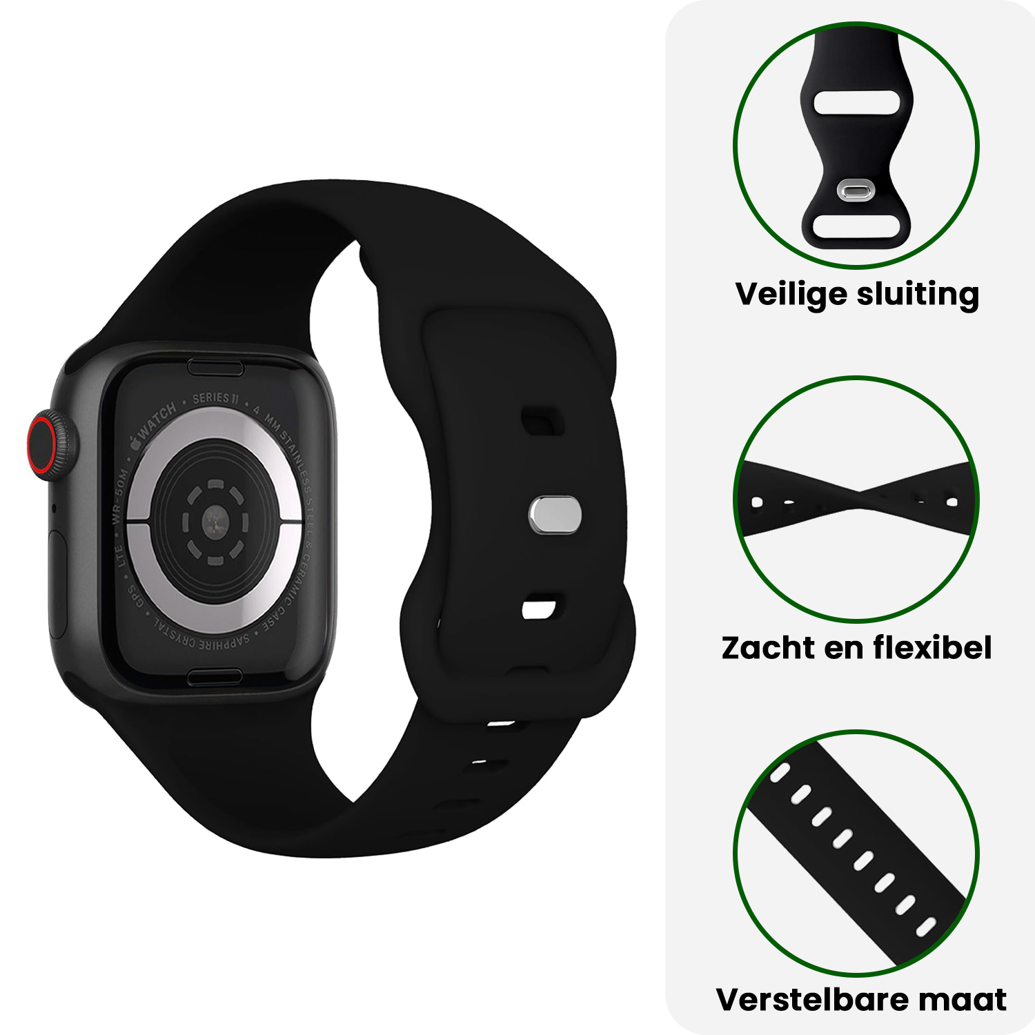 BASEY. BASEY. Apple Watch Bandje Siliconen Verstelbaar (42/44/45/46 mm) - Zwart