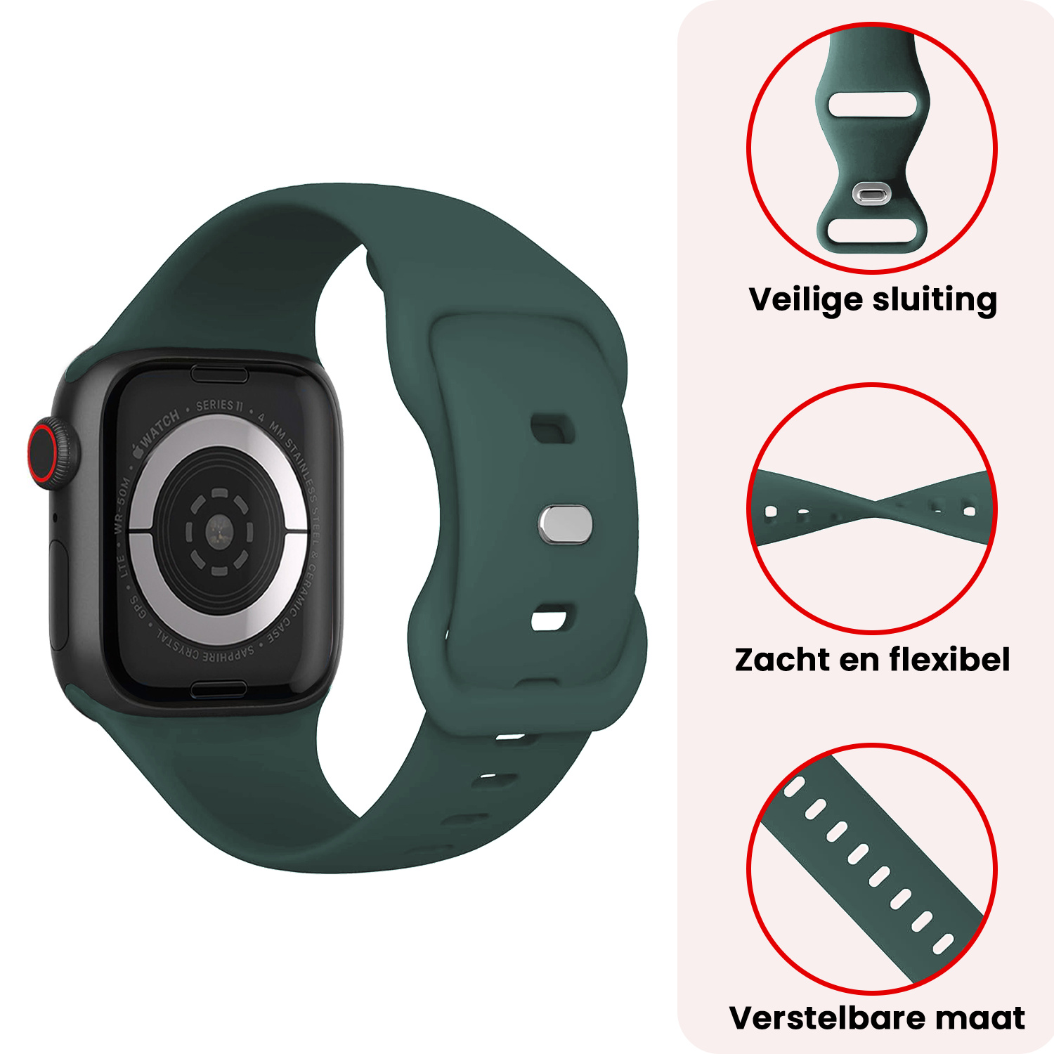 NoXx NoXx Apple Watch Bandje Siliconen Verstelbaar (42/44/45/46 mm) - Donkergroen