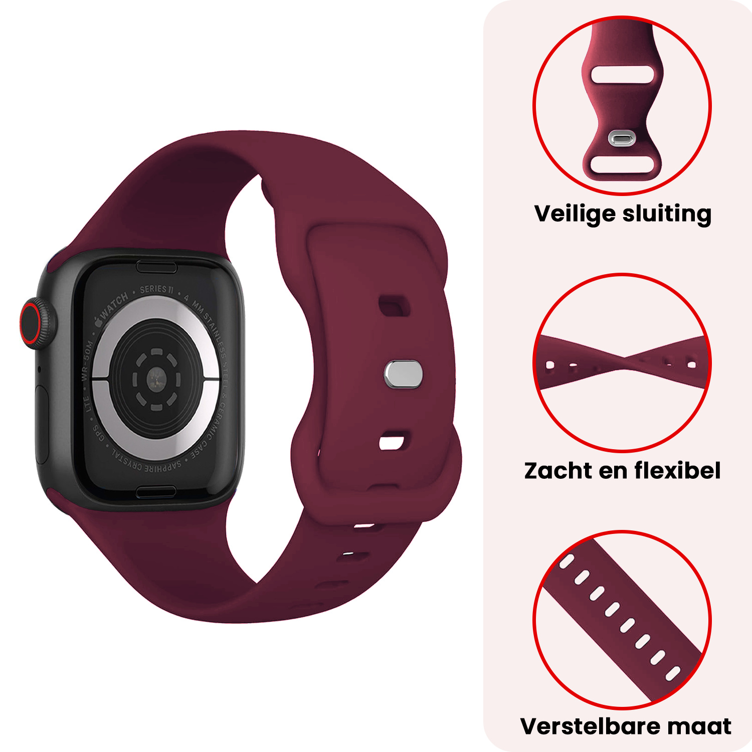 NoXx NoXx Apple Watch Bandje Siliconen Verstelbaar (42/44/45/46 mm) - Donker Rood