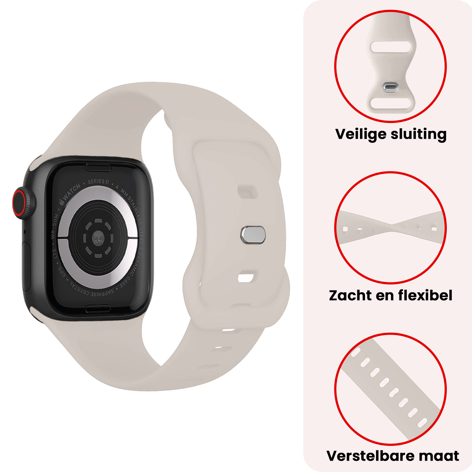 NoXx NoXx Apple Watch Bandje Siliconen Verstelbaar (42/44/45/46 mm) - Ivoor