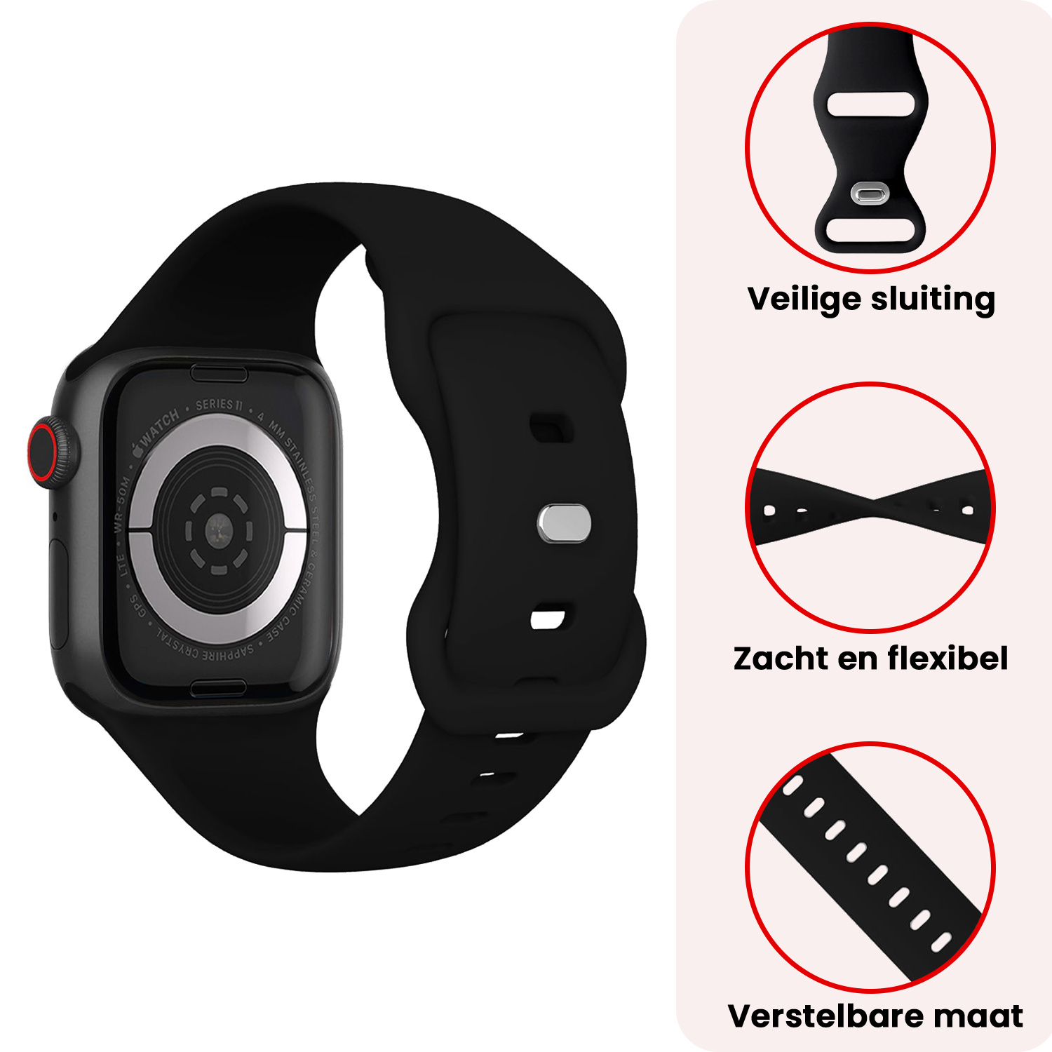 NoXx NoXx Apple Watch Bandje Siliconen Verstelbaar (42/44/45/46 mm) - Zwart