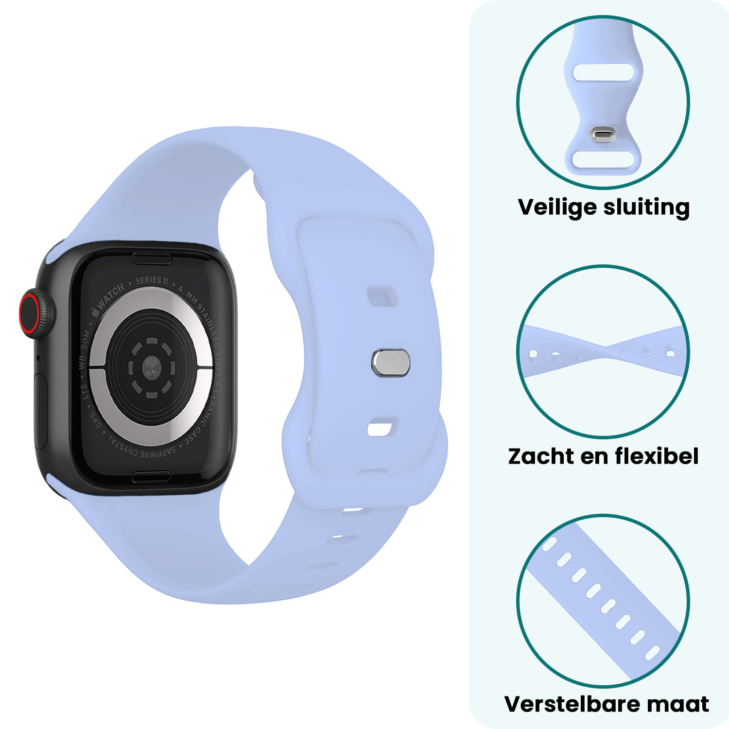 Forterra Forterra Apple Watch Bandje Siliconen Verstelbaar (42/44/45/46 mm) - Baby Blauw