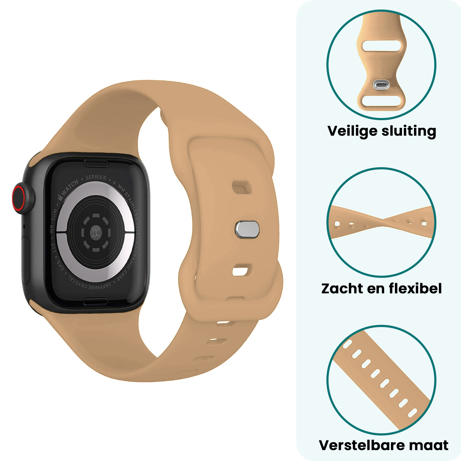 Forterra Forterra Apple Watch Bandje Siliconen Verstelbaar (42/44/45/46 mm) - Walnoot