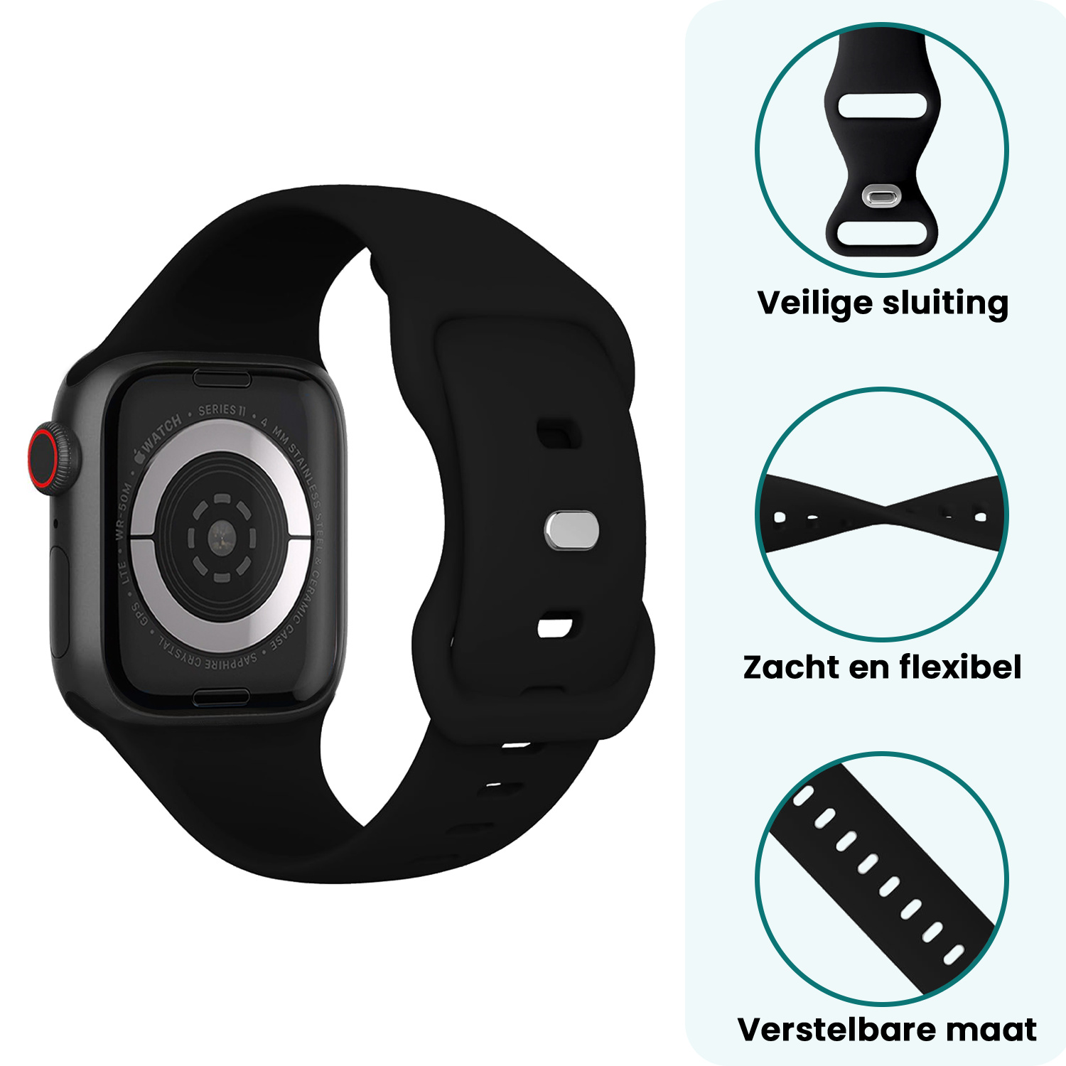 Forterra Forterra Apple Watch Bandje Siliconen Verstelbaar (42/44/45/46 mm) - Zwart