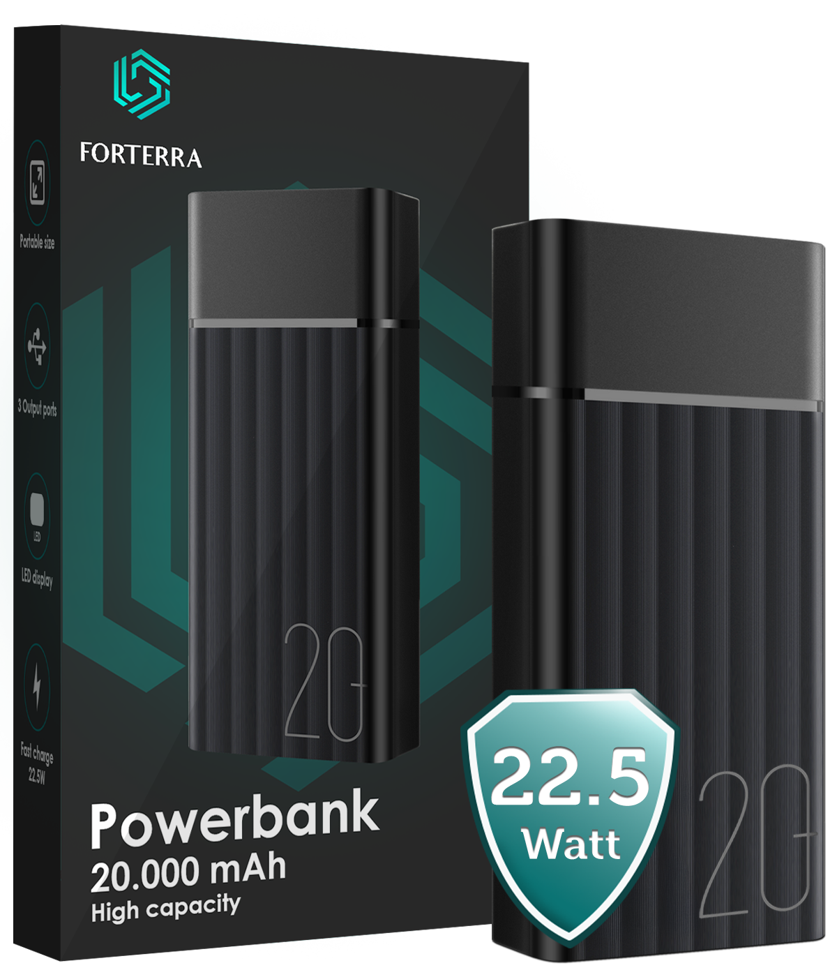 Forterra Forterra Powerbank 20000 mAh 3 Apparaten Tegelijk Opladen – Powerbanks Quick Charge 22.5W Universeel Snellader Noodpakket - Zwart