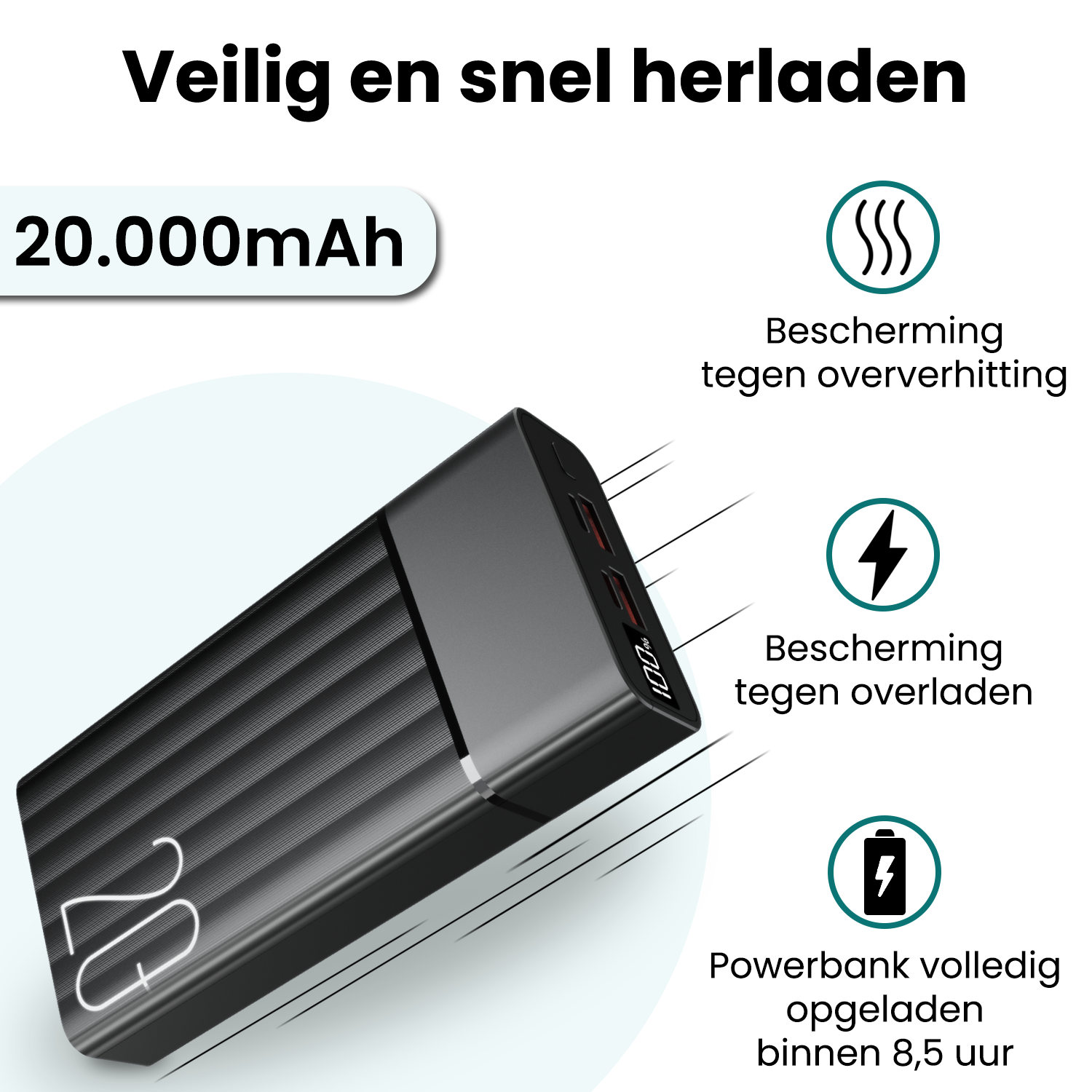 Forterra Forterra Powerbank 20000 mAh 3 Apparaten Tegelijk Opladen – Powerbanks Quick Charge 22.5W Universeel Snellader Noodpakket - Zwart
