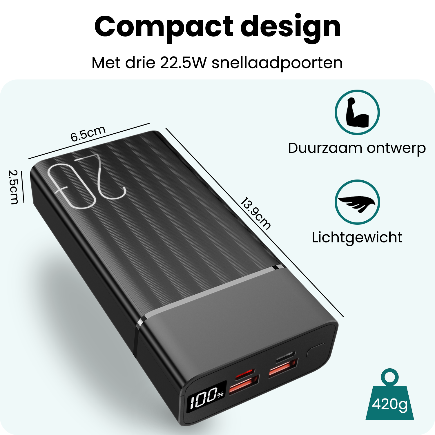 Forterra Forterra Powerbank 20000 mAh 3 Apparaten Tegelijk Opladen – Powerbanks Quick Charge 22.5W Universeel Snellader Noodpakket - Zwart