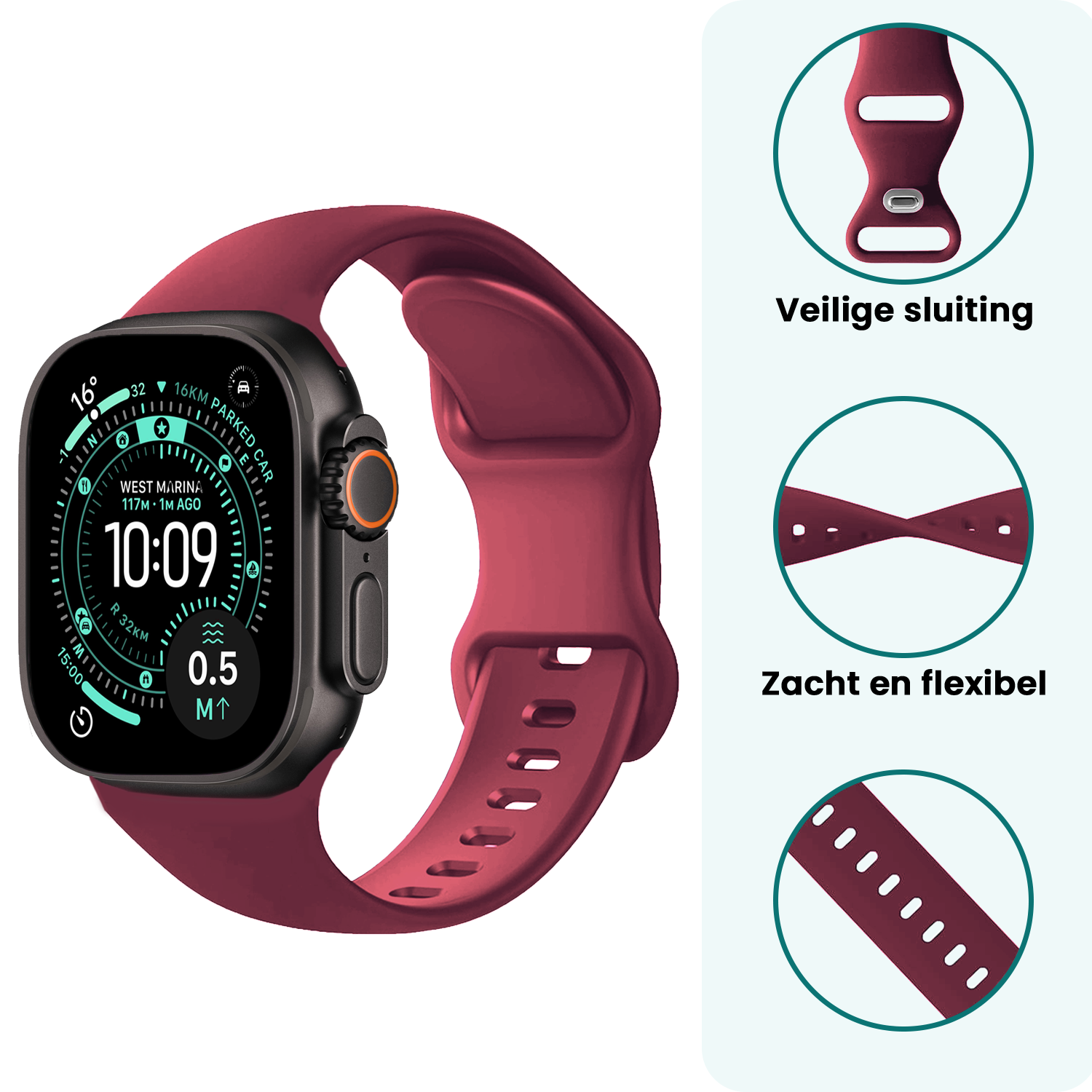 Forterra Forterra Apple Watch Bandje Siliconen Verstelbaar (49 mm) - Donker Rood