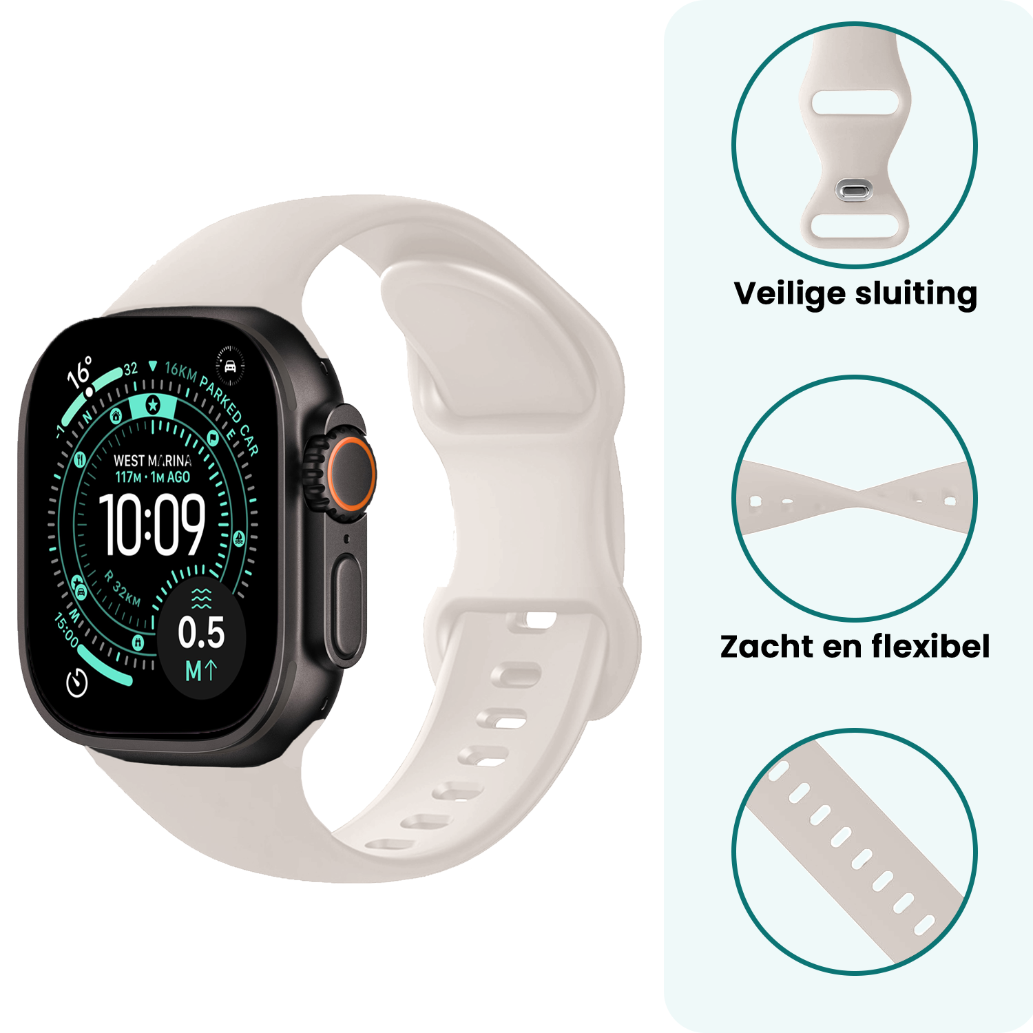 Forterra Forterra Apple Watch Bandje Siliconen Verstelbaar (49 mm) - Ivoor