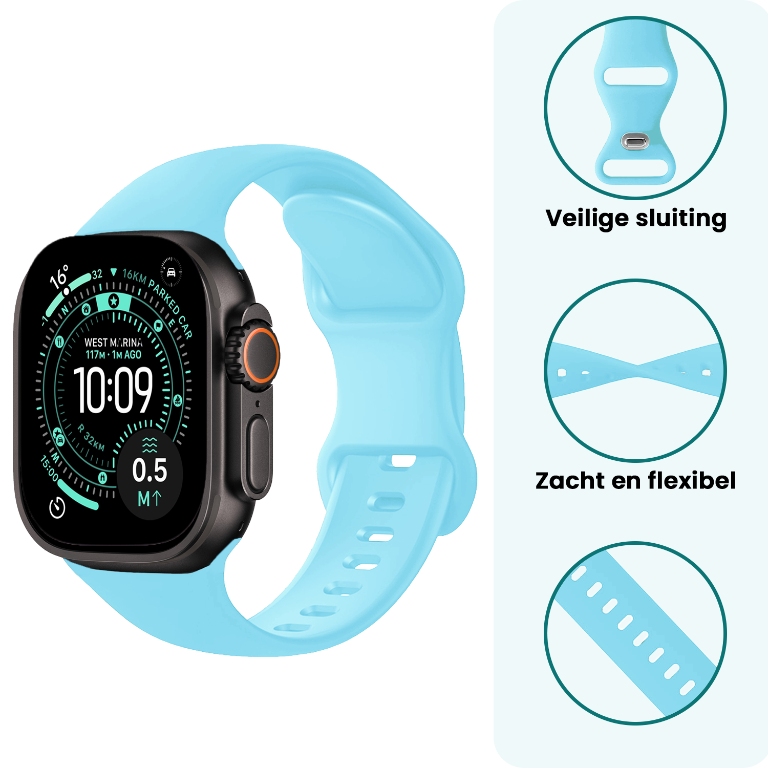 Forterra Forterra Apple Watch Bandje Siliconen Verstelbaar (49 mm) - Lichtblauw