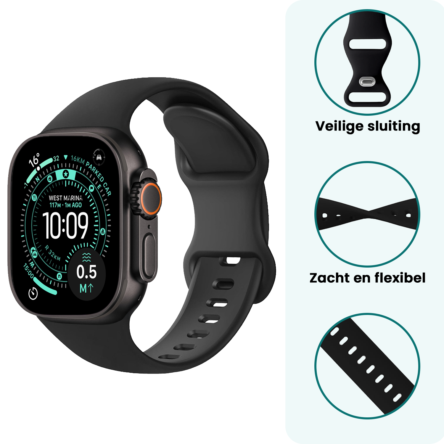 Forterra Forterra Apple Watch Bandje Siliconen Verstelbaar (49 mm) - Zwart