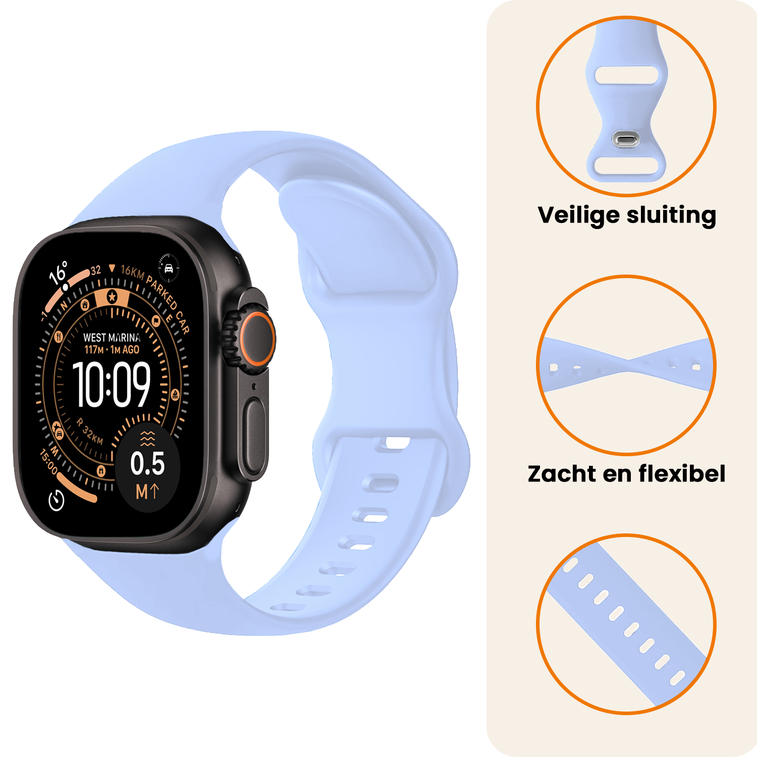 Nomfy Nomfy Apple Watch Bandje Siliconen Verstelbaar (49 mm) - Baby Blauw