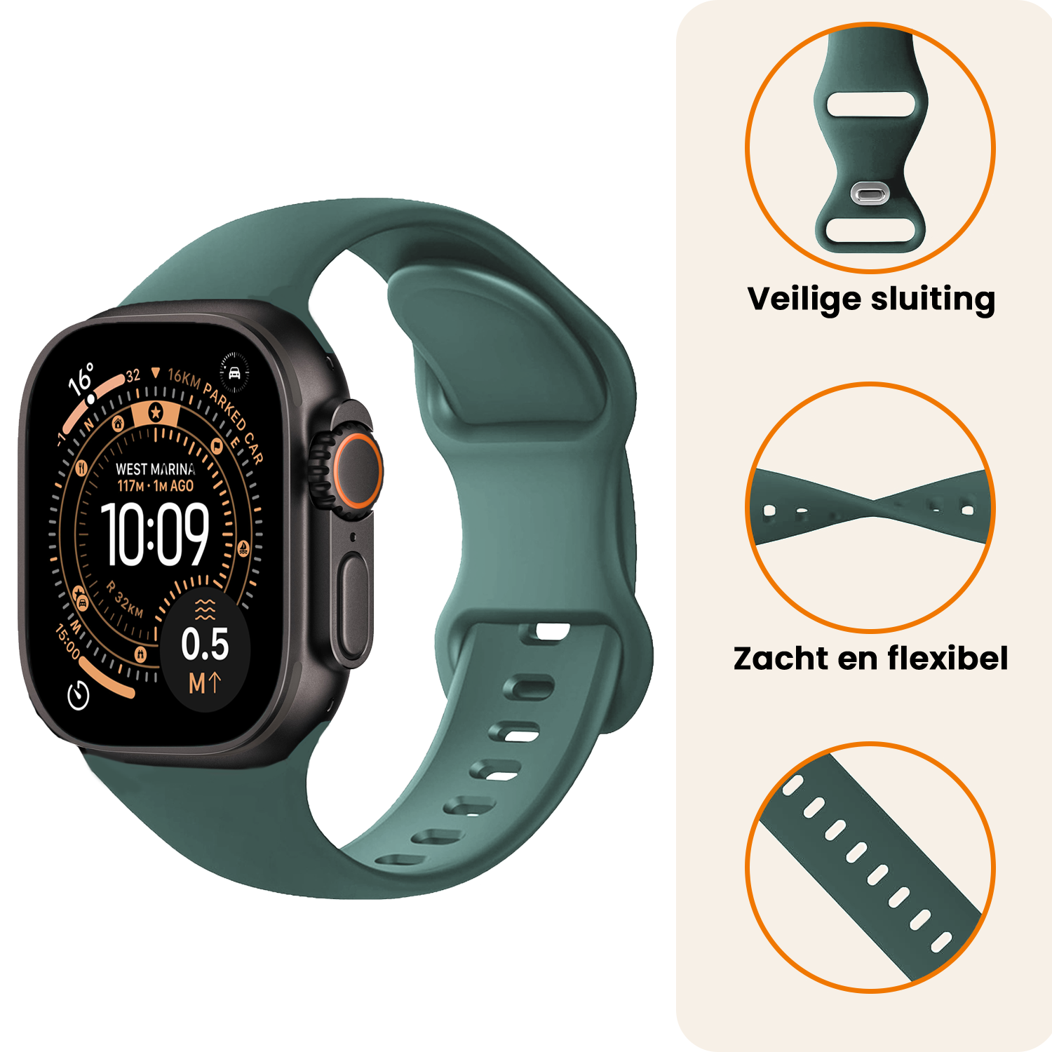 Nomfy Nomfy Apple Watch Bandje Siliconen Verstelbaar (49 mm) - Donkergroen