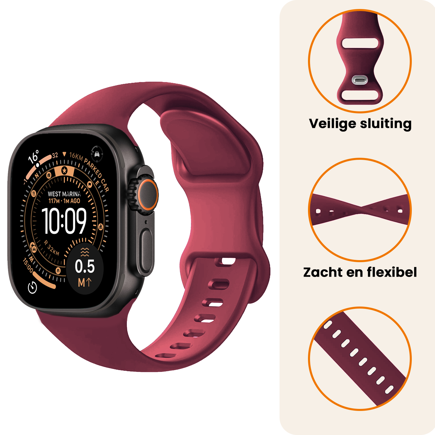 Nomfy Nomfy Apple Watch Bandje Siliconen Verstelbaar (49 mm) - Donker Rood
