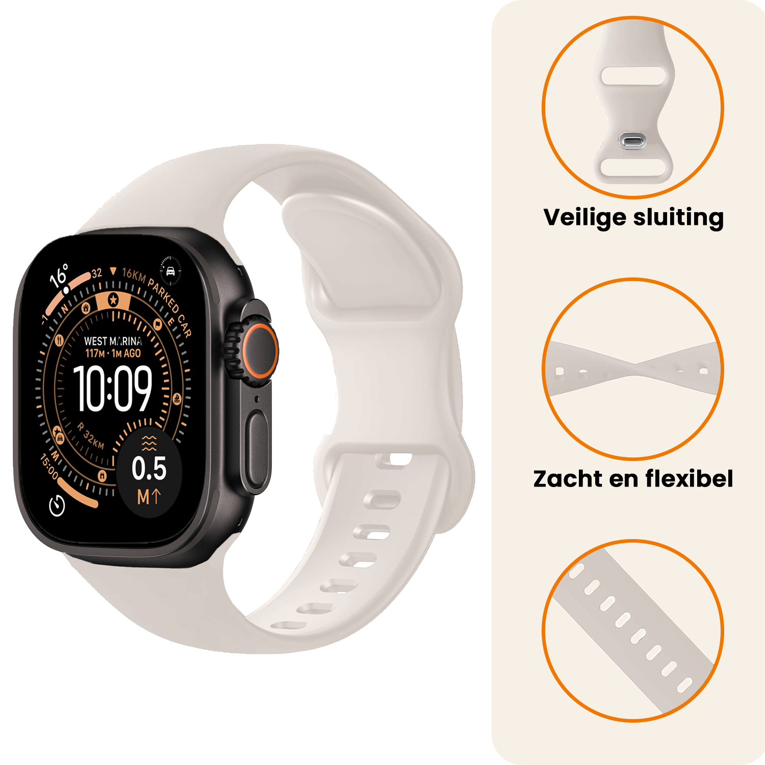 Nomfy Nomfy Apple Watch Bandje Siliconen Verstelbaar (49 mm) - Ivoor