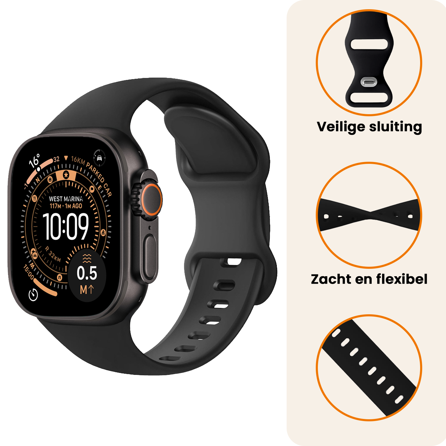 Nomfy Nomfy Apple Watch Bandje Siliconen Verstelbaar (49 mm) - Zwart