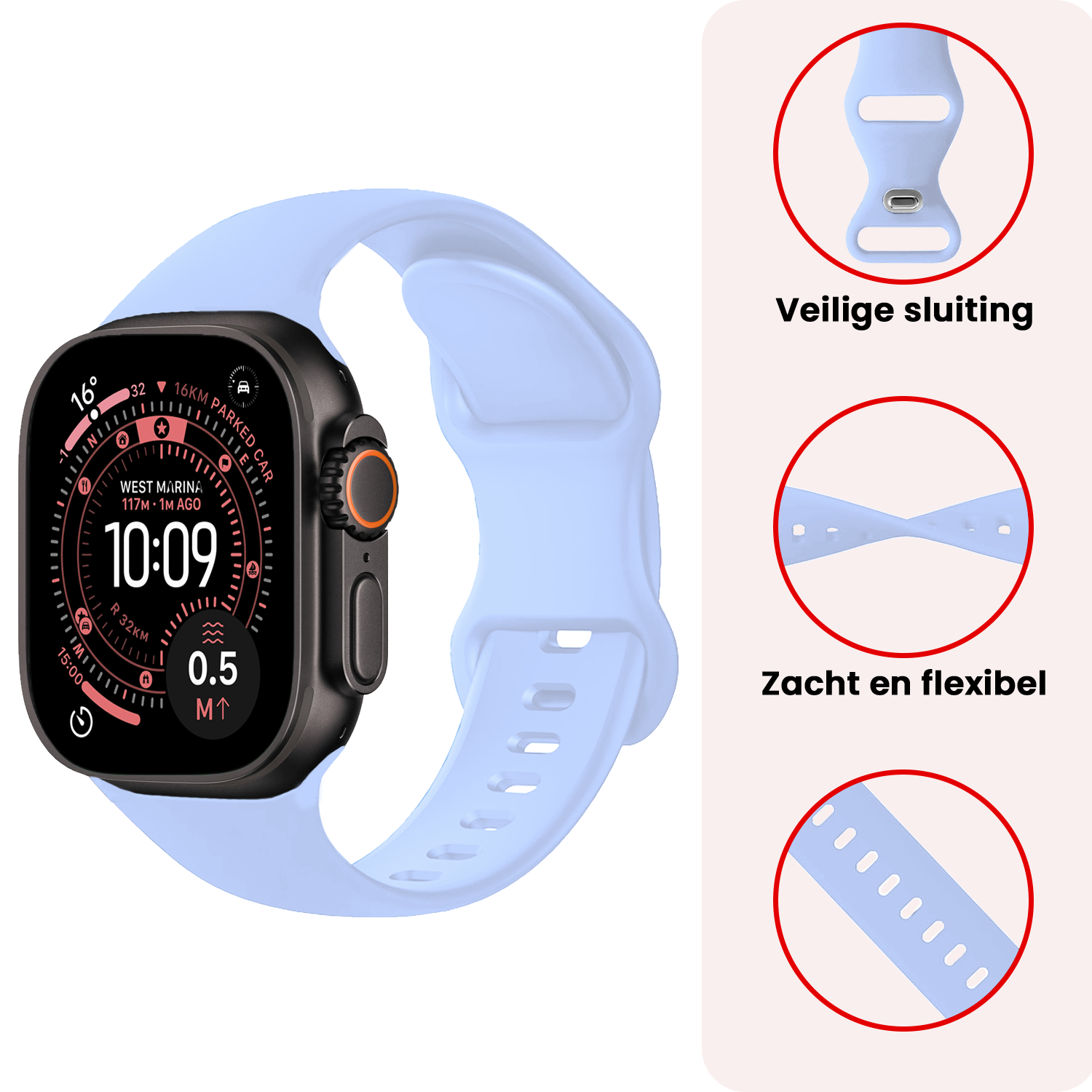NoXx NoXx Apple Watch Bandje Siliconen Verstelbaar (49 mm) - Baby Blauw