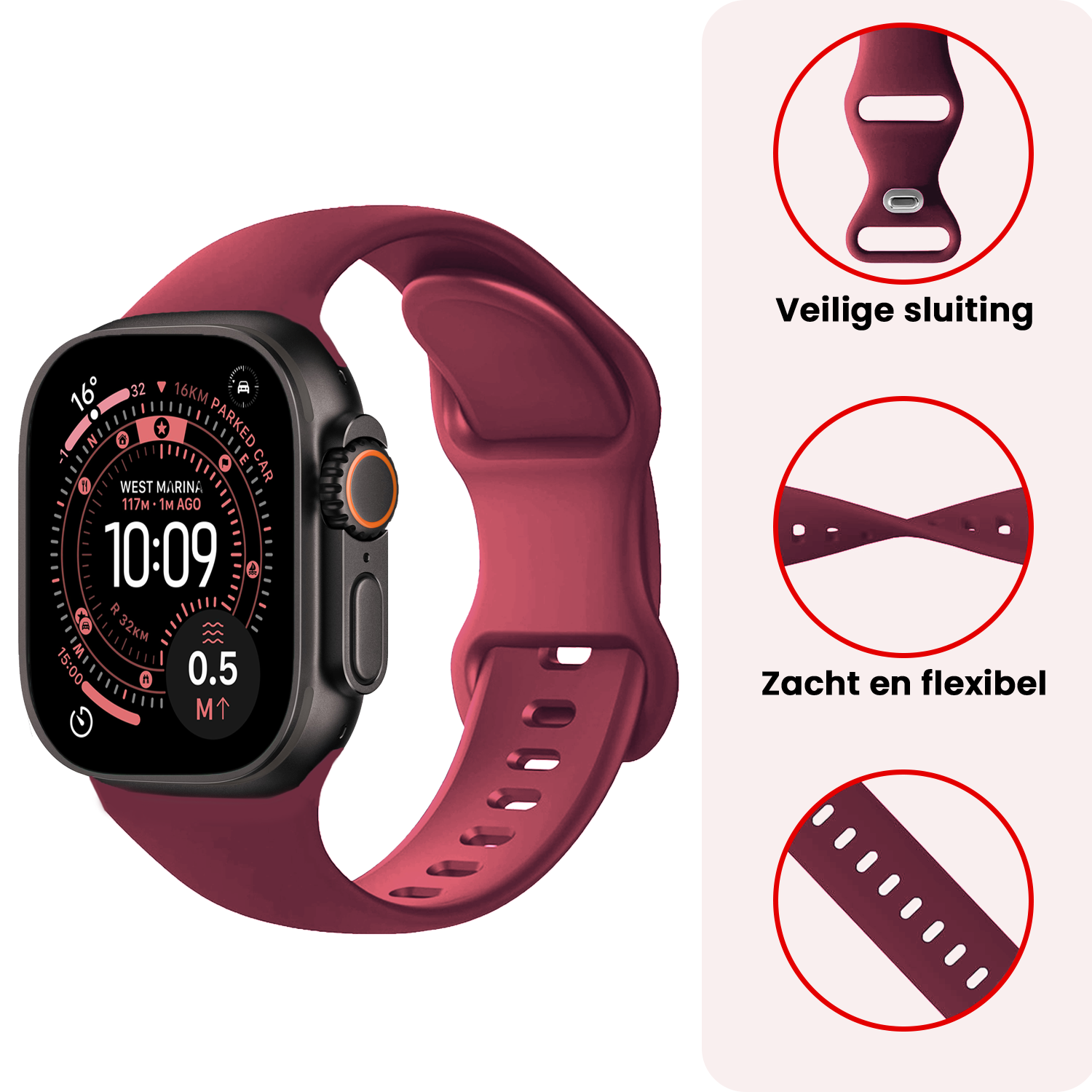 NoXx NoXx Apple Watch Bandje Siliconen Verstelbaar (49 mm) - Donker Rood