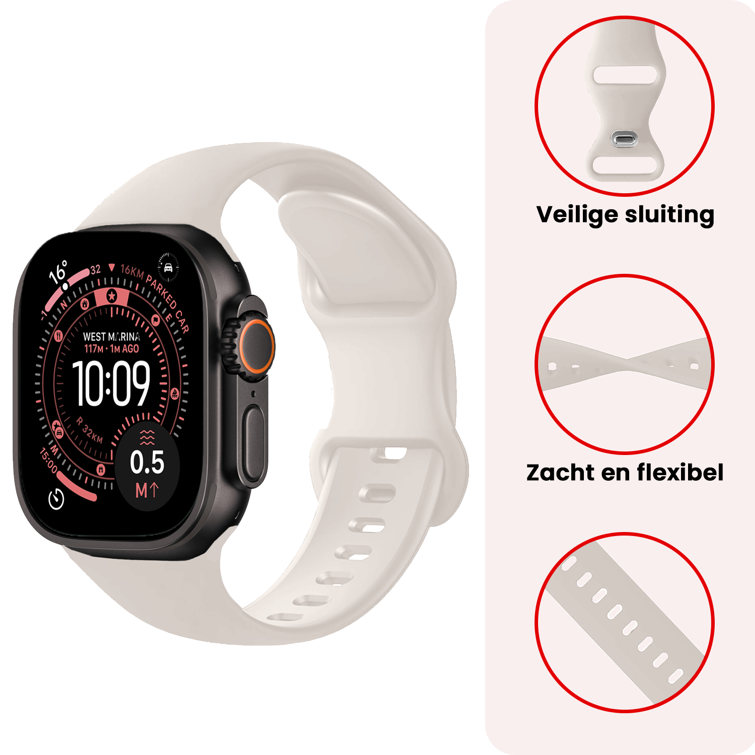 NoXx NoXx Apple Watch Bandje Siliconen Verstelbaar (49 mm) - Ivoor