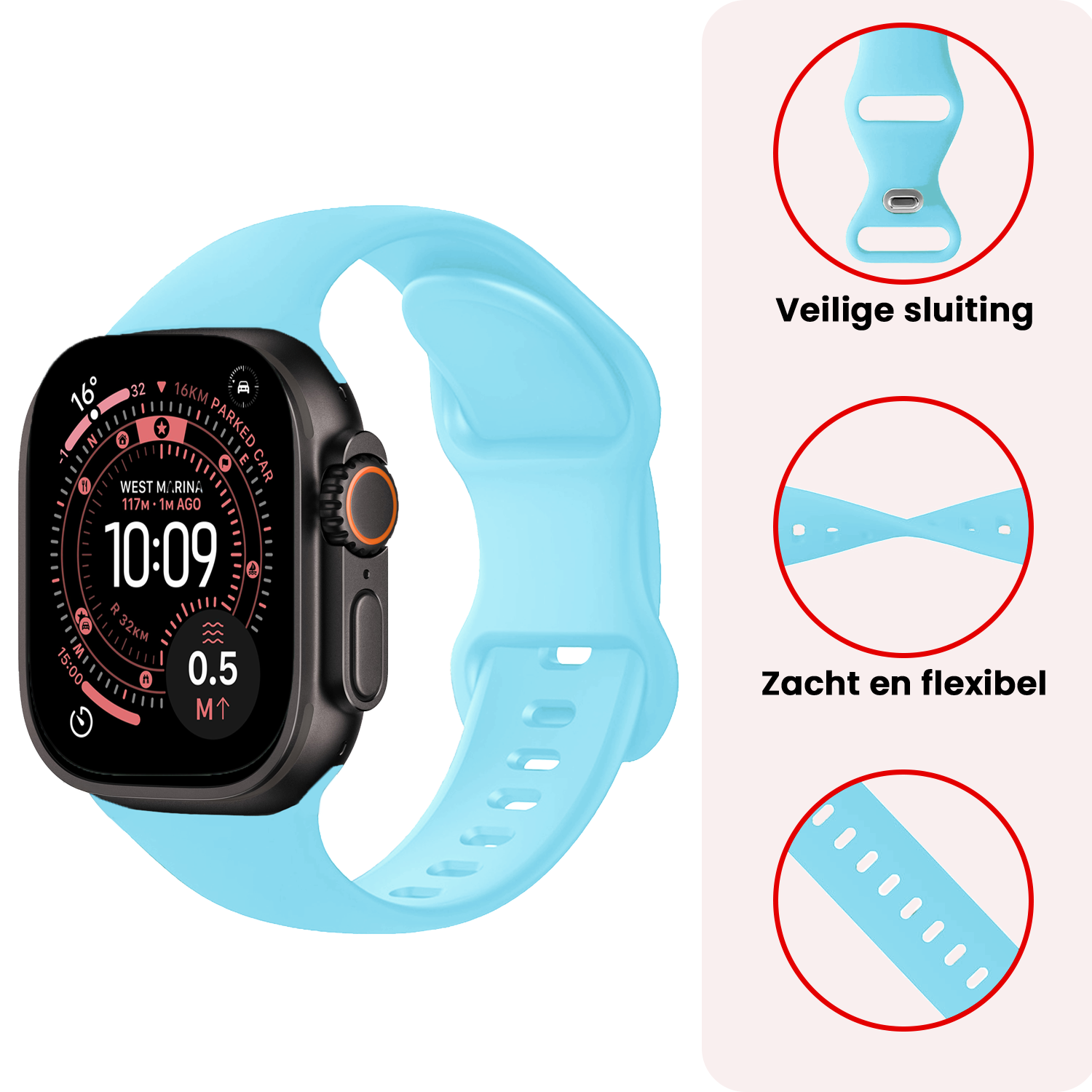 NoXx NoXx Apple Watch Bandje Siliconen Verstelbaar (49 mm) - Lichtblauw