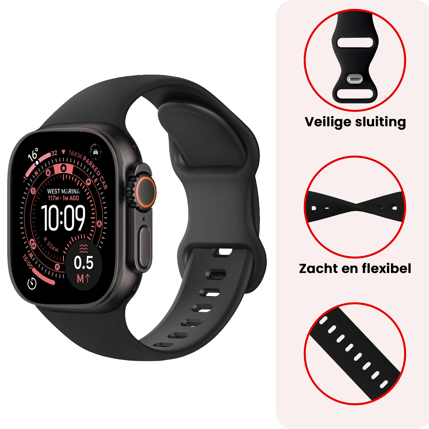 NoXx NoXx Apple Watch Bandje Siliconen Verstelbaar (49 mm) - Zwart