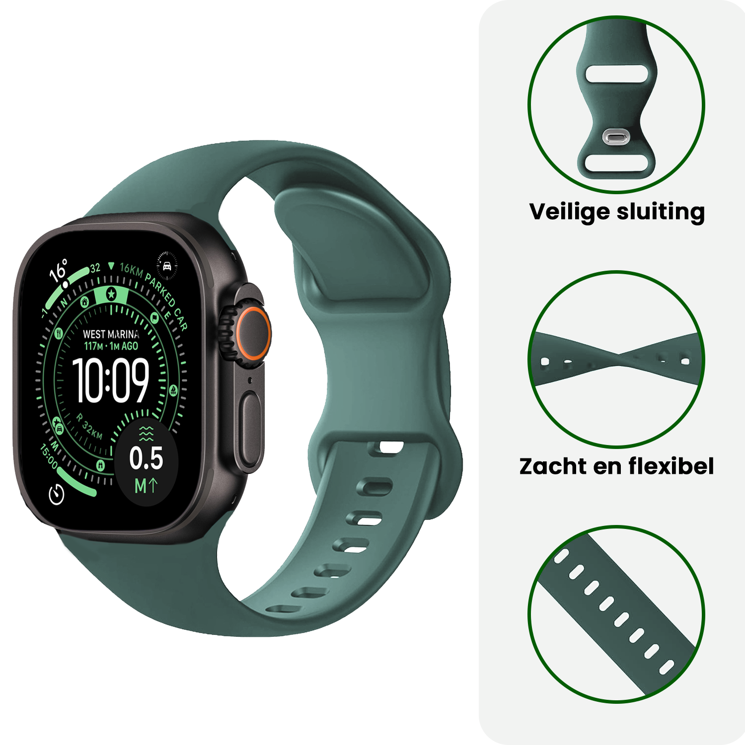 BASEY. BASEY. Apple Watch Bandje Siliconen Verstelbaar (49 mm) - Donkergroen