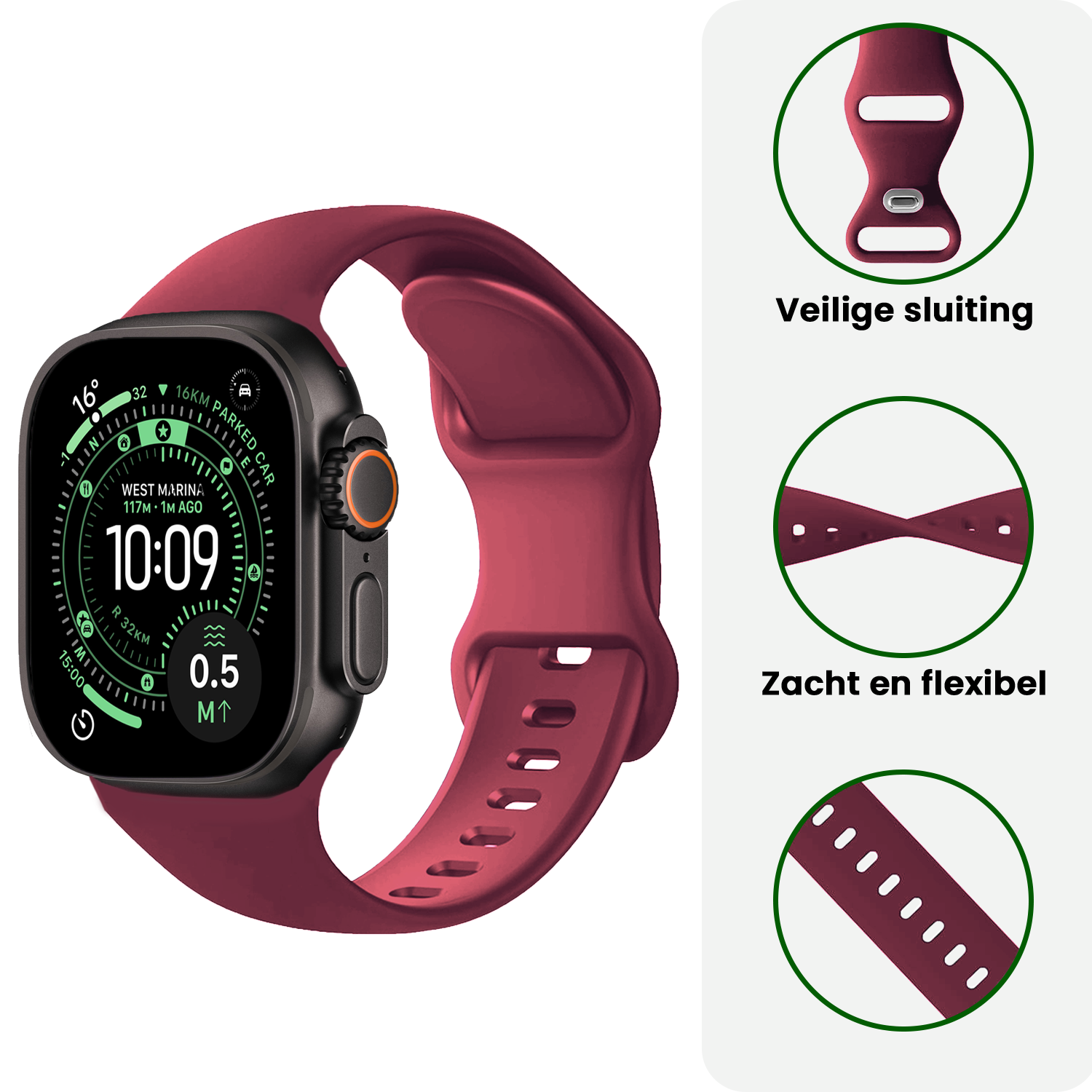 BASEY. BASEY. Apple Watch Bandje Siliconen Verstelbaar (49 mm) - Donker Rood
