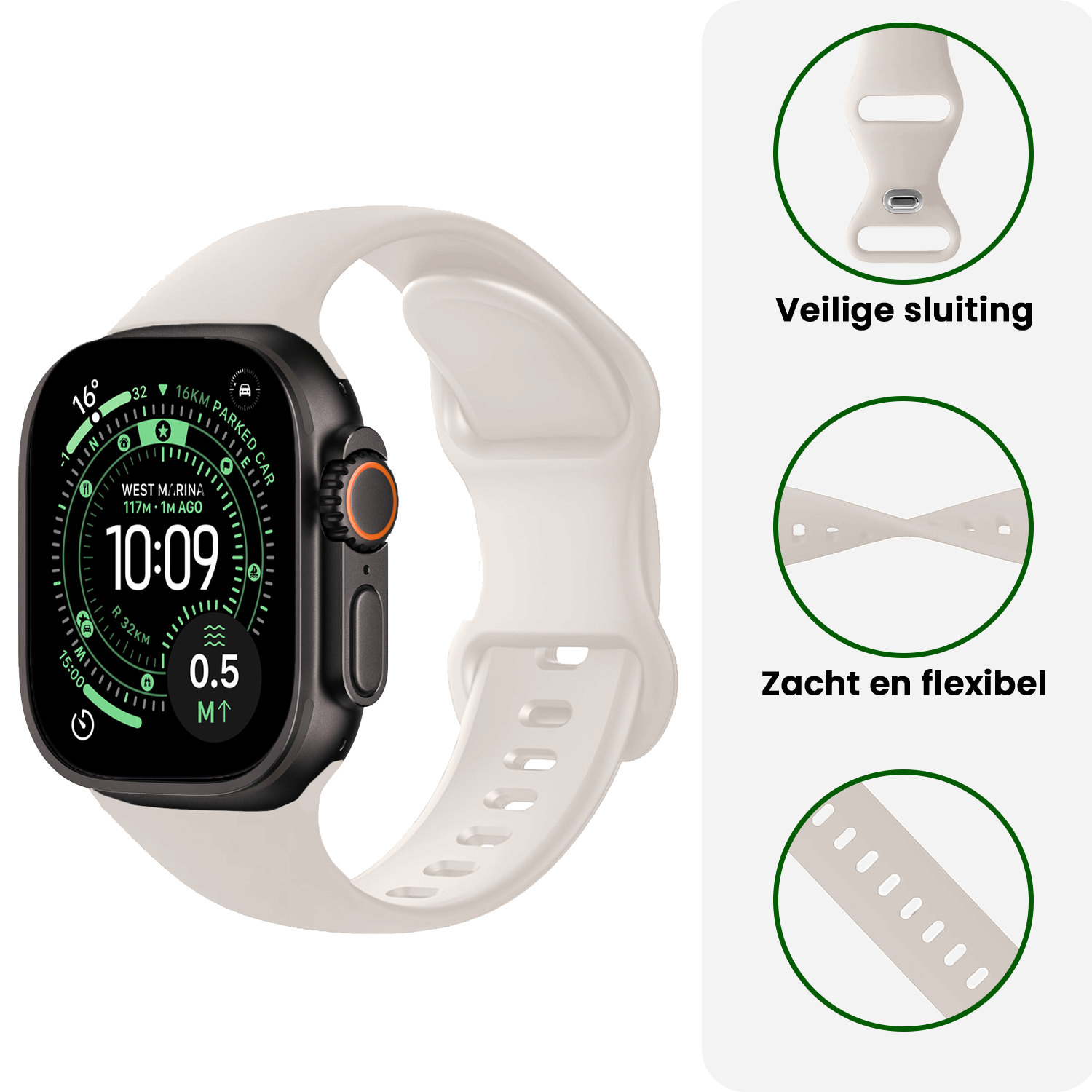 BASEY. BASEY. Apple Watch Bandje Siliconen Verstelbaar (49 mm) - Ivoor